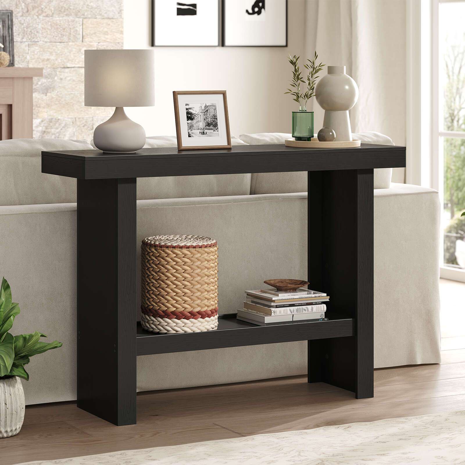 Modern Black Console Table 100 cm - Space-Saving Entryway & Narrow Sofa Side Table, Easy Assembly for Living Room, Hallway, Foyer, MAHANCRIS