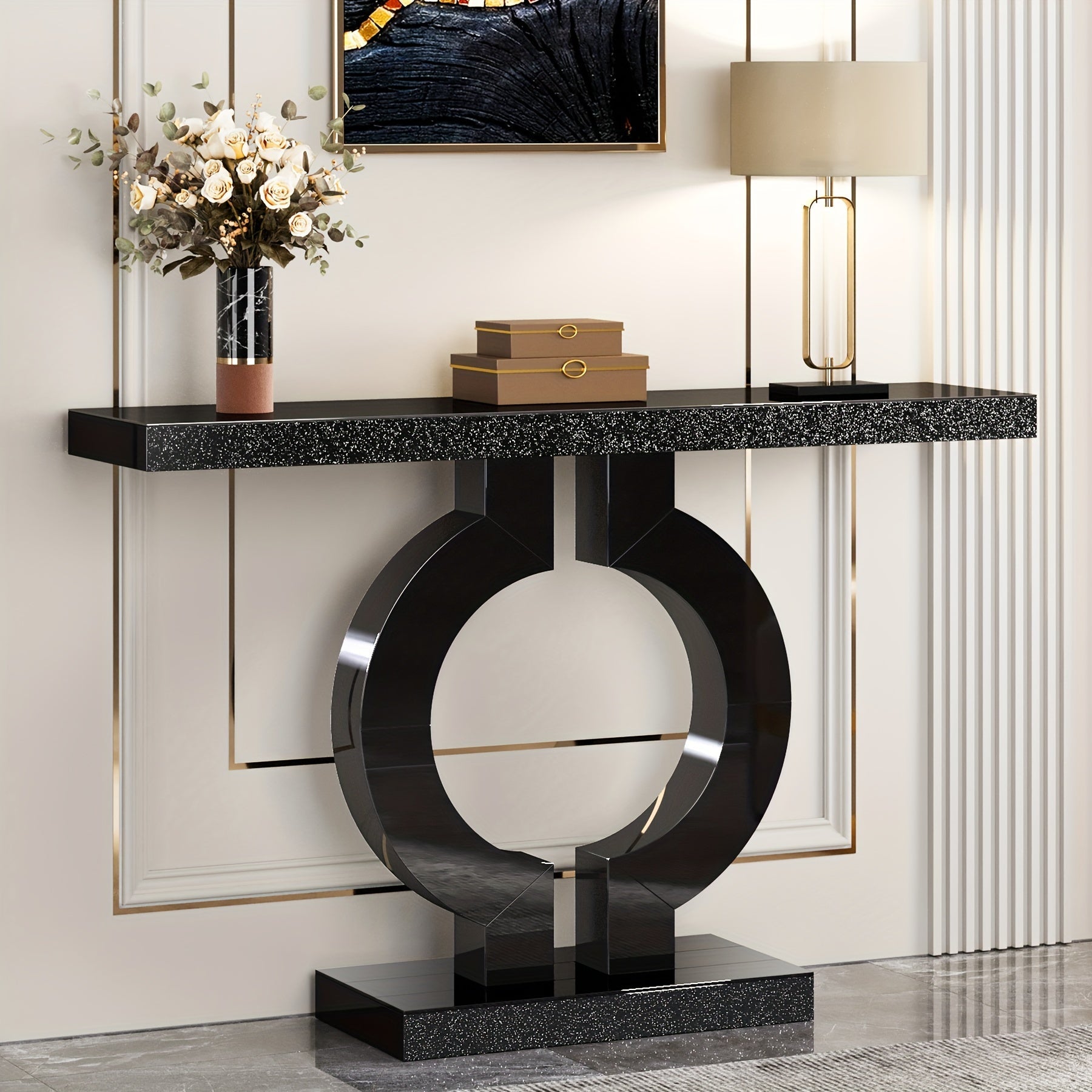 109.22 cm Mirrored Console Table, Modern Glass Sofa Table with Mirror Finish, Entryway Table with O-Shaped Base, Rectangular Accent Foyer Table for Living Room Hallway Entrance (Black & Silvery), Christmas Renewal