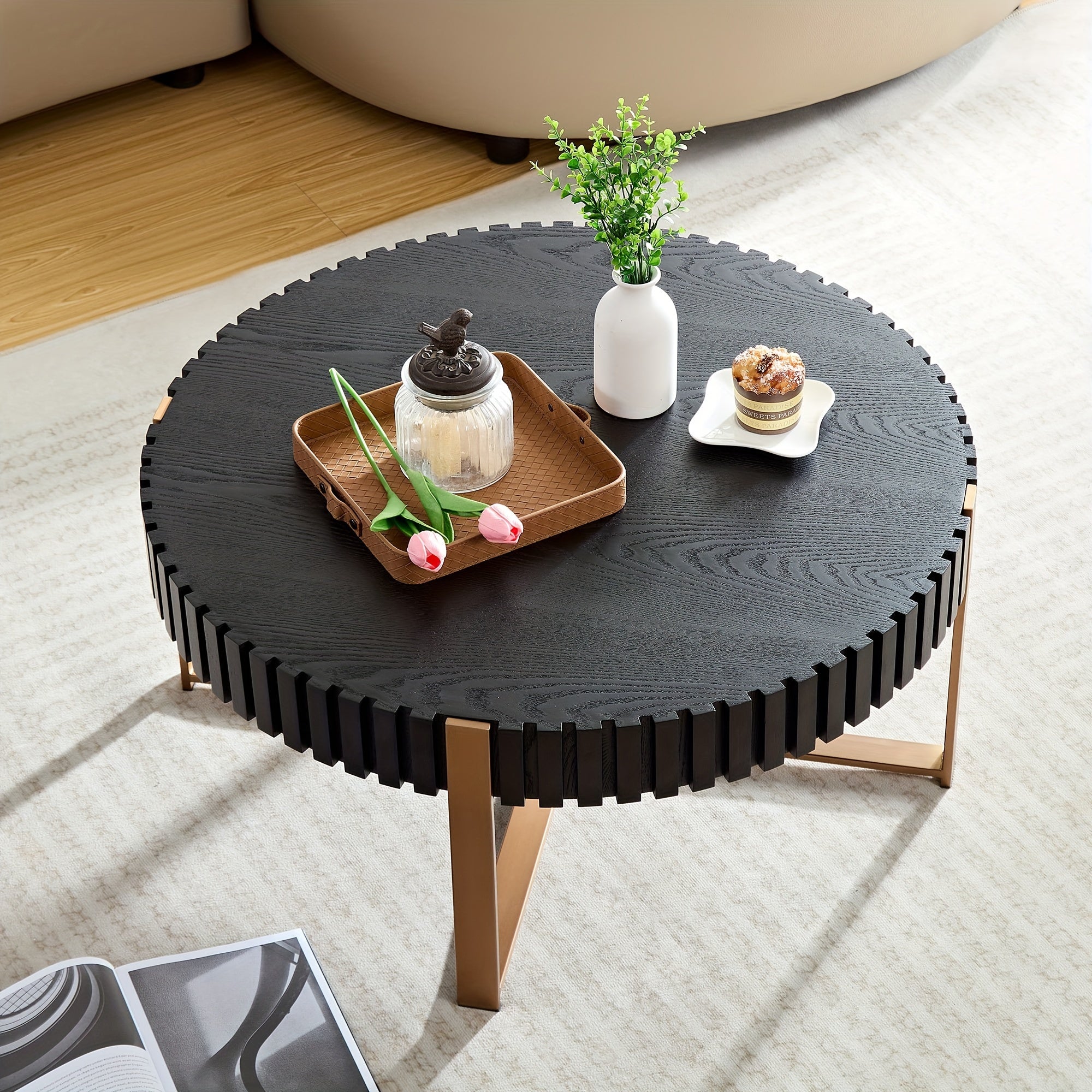 Modern Handcraft Drum Coffee Table 82cm Round Coffee Table For Living Room, Small Coffee Table With Sturdy Pedestal, Black