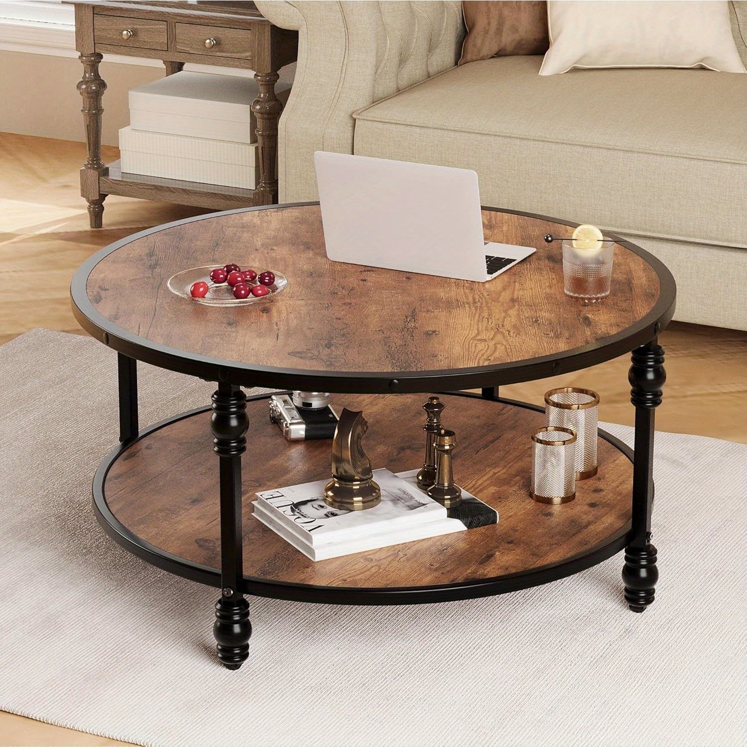 Coffee Table Round Rustic Center Table with Storage Shelf Wood Circle Coffee Table with Sturdy Metal Legs Living Room