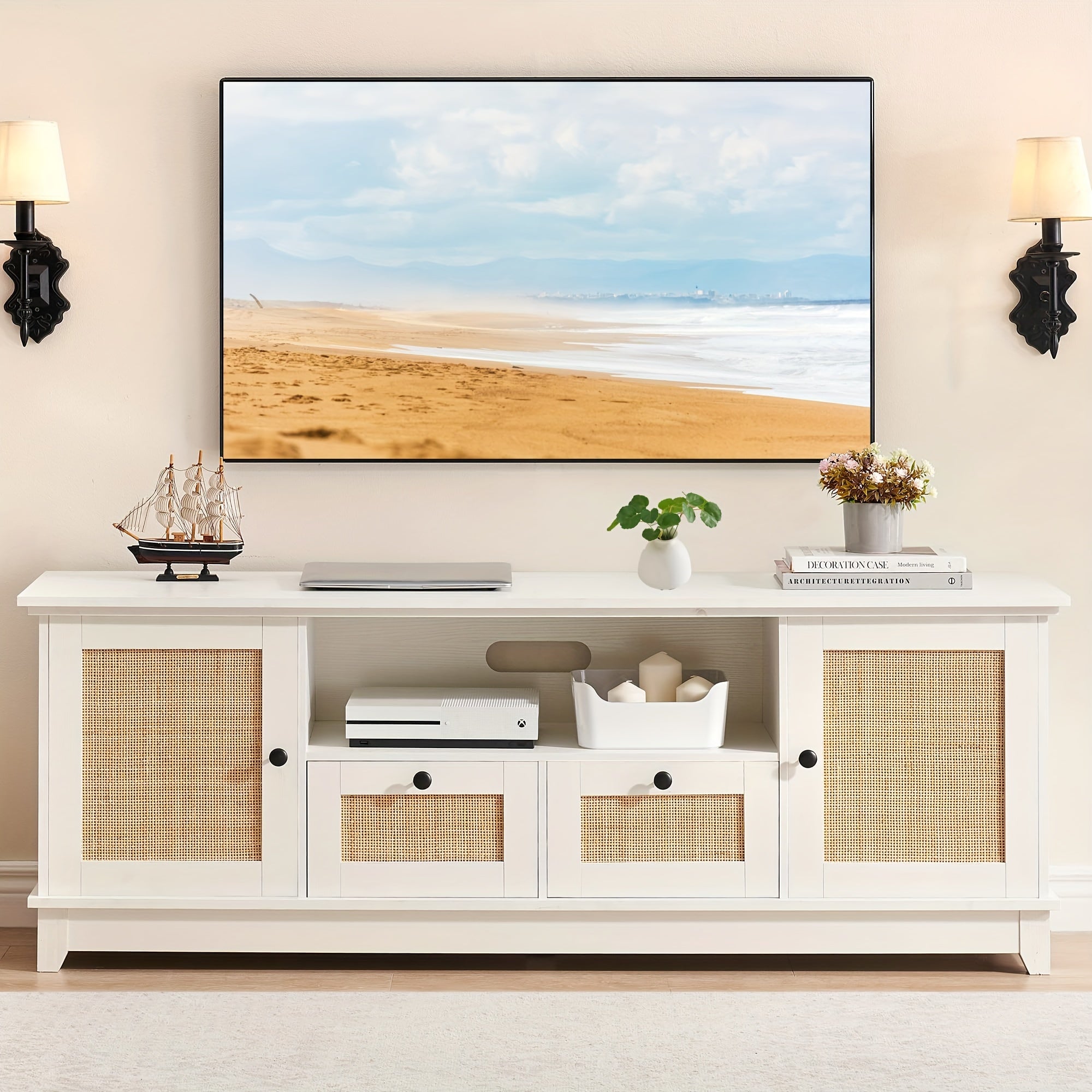 White Rattan TV Stand For 65 Inch TV, Modern Console Table With Storage For Living Room, Entertainment Center Cabinet 63 X 16 X 23 Inches, Mid Century Modern Wood TV Stand