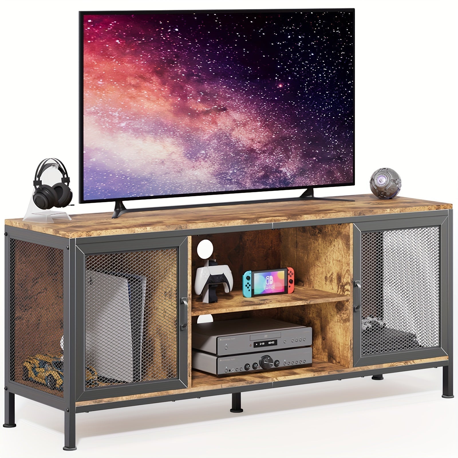 TV Stand For TV Up To 165cm With Storage, 3-Tier Wooden TV Console Table With Doors And Shelf, Modern Gaming Entertainment Center For Living Room Game Room Or Home Office