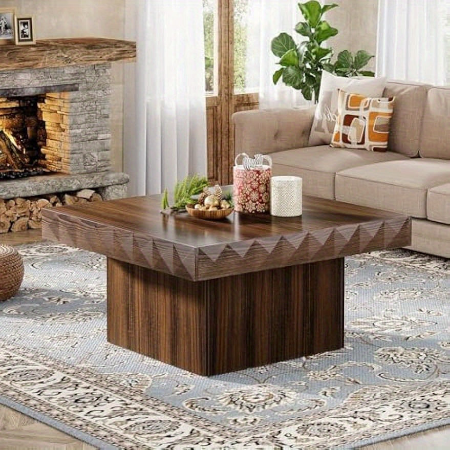 Square Coffee Table for Living Room, 90cm Wooden Coffee Table with Thickened Tabletop, Modern Center Table Cocktail Table Tea Table, Walnut