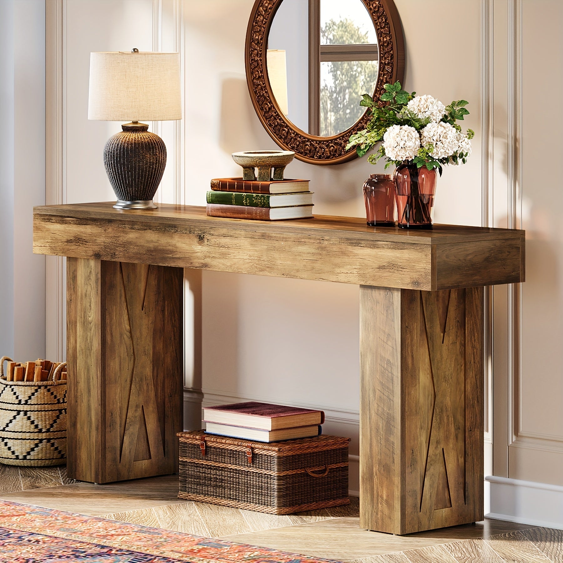 1pc Vintage Style 160 cm Narrow Long Console Table, Hardwood Material with Particle Board Top, Weather Resistant, Pre-Assembled Sofa Table for Hallway, Entryway, Living Room, Bedroom, Home Office - Wood Color, Living Room Table