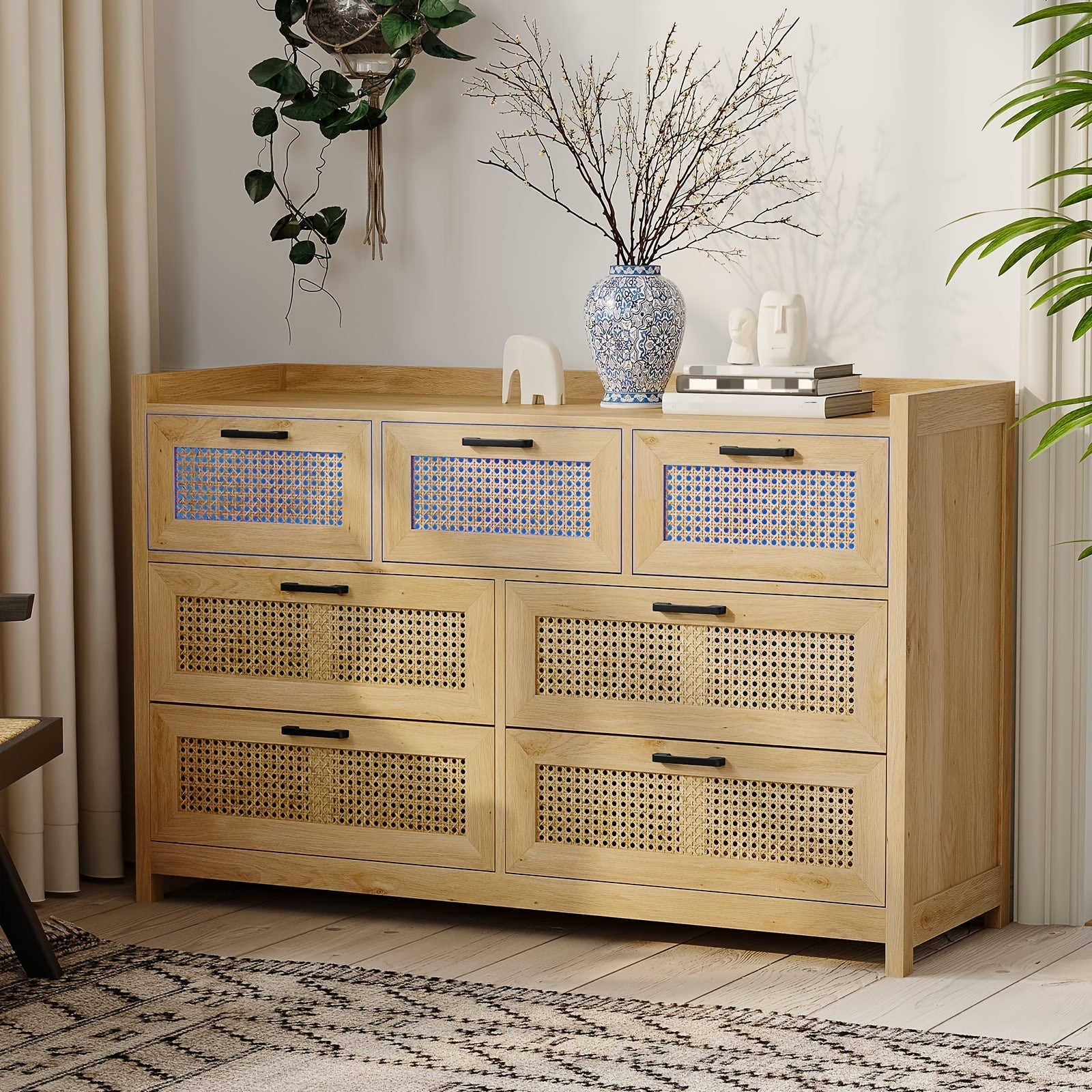 Modern Rattan 7-Drawer Dresser with Metal Handles - Spacious Storage Chest for Bedroom, Living Room, or Hallway