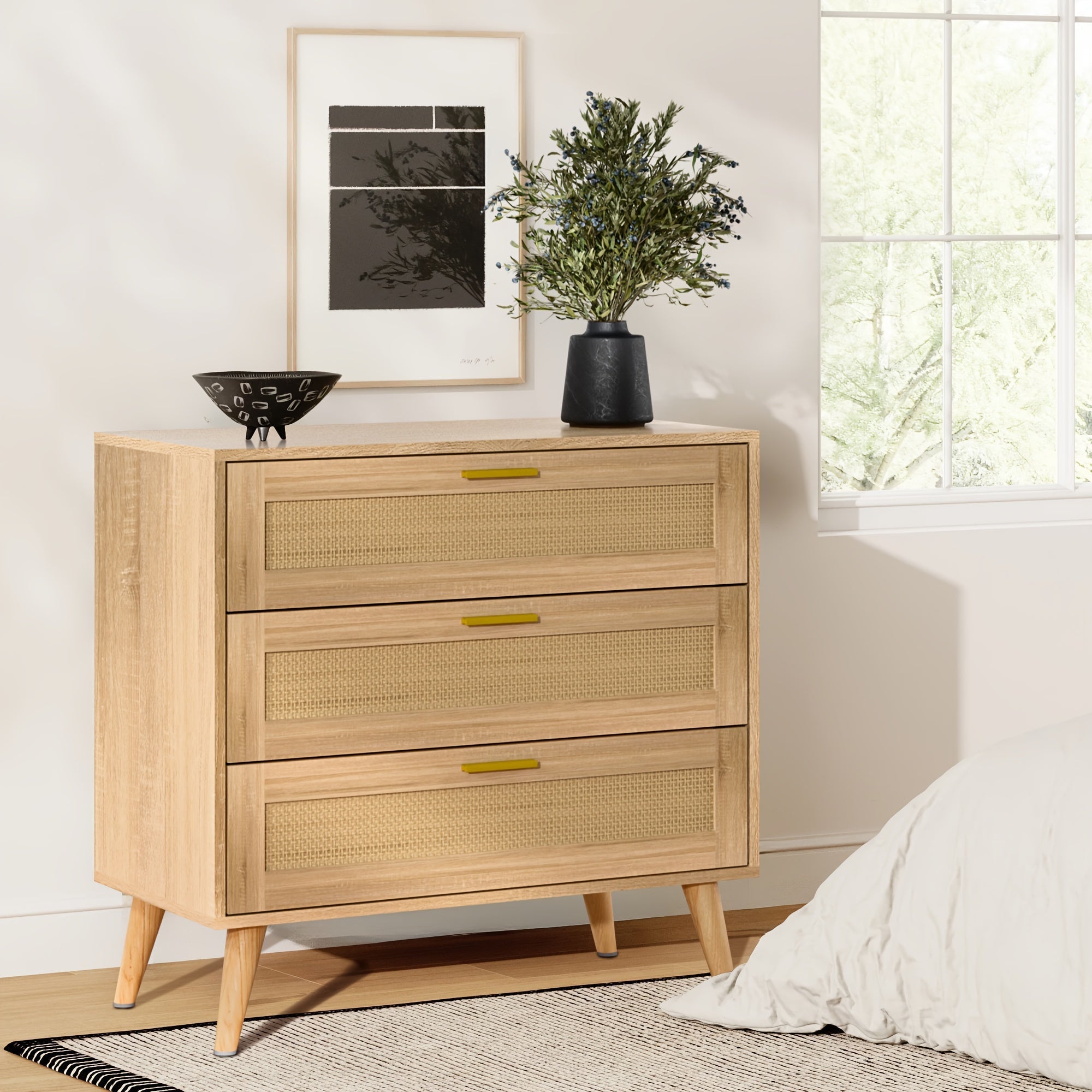 1pc Contemporary Rattan Dresser with 3/6 Drawers - Freestanding Wood Boho Chest of Drawers with Ample Storage, Golden Handles, for Bedroom, Living Room, Hallway