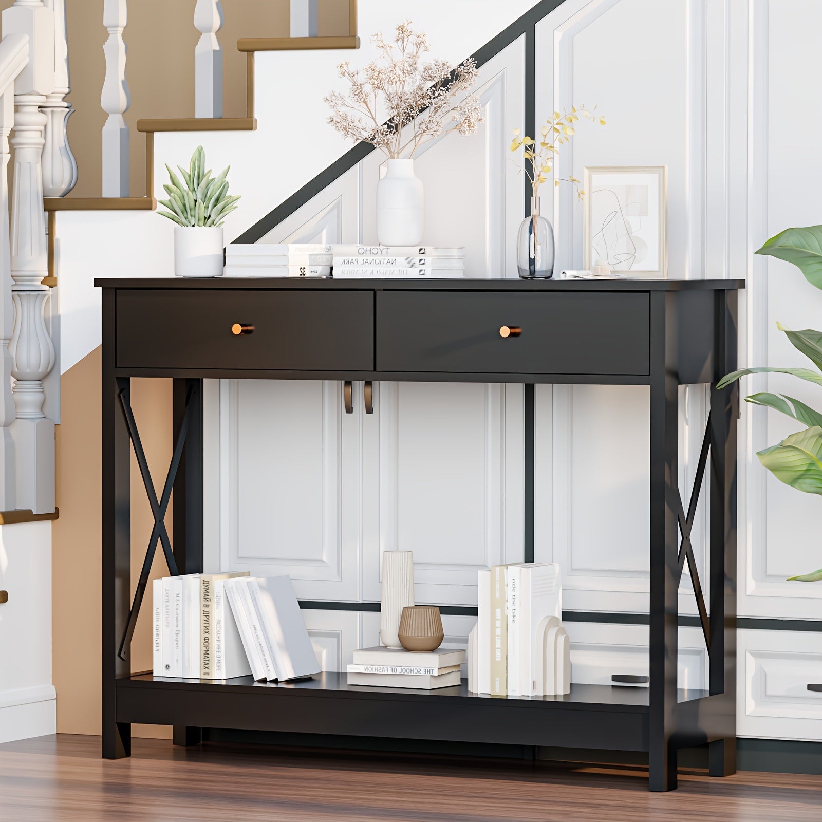 Console Table With Drawers, Wood Farmhouse Narrow Entryway Table With Storage Shelf, Black Sofa Table For Living Room, Hallway, Front Hall, Foyer (Dimensions in cm)