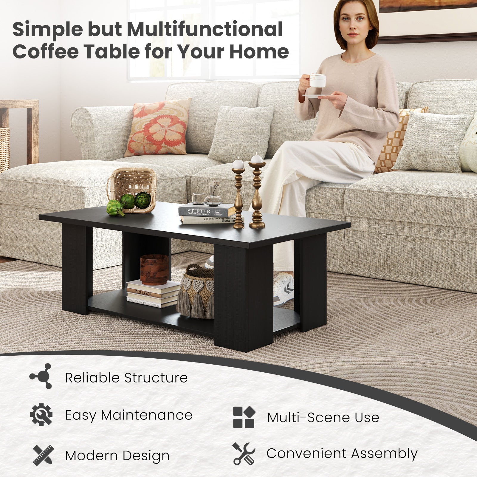 Coffee Table 2-Tier Modern Center Cocktail Table W/Storage Shelf for Living Room