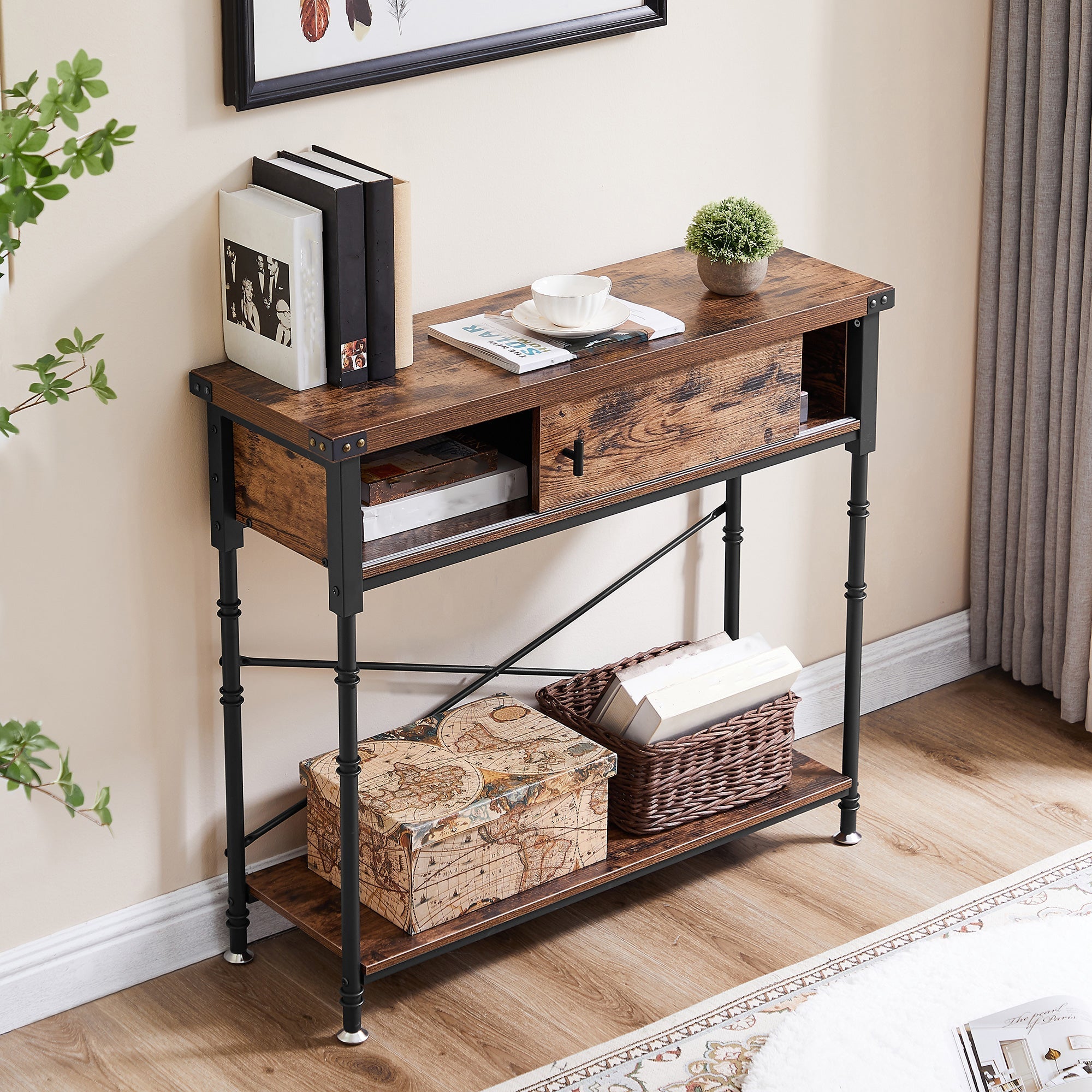 90 cm Console Table with Slide Drawer and Storage Shelf, Stable Metal Frame, Brown