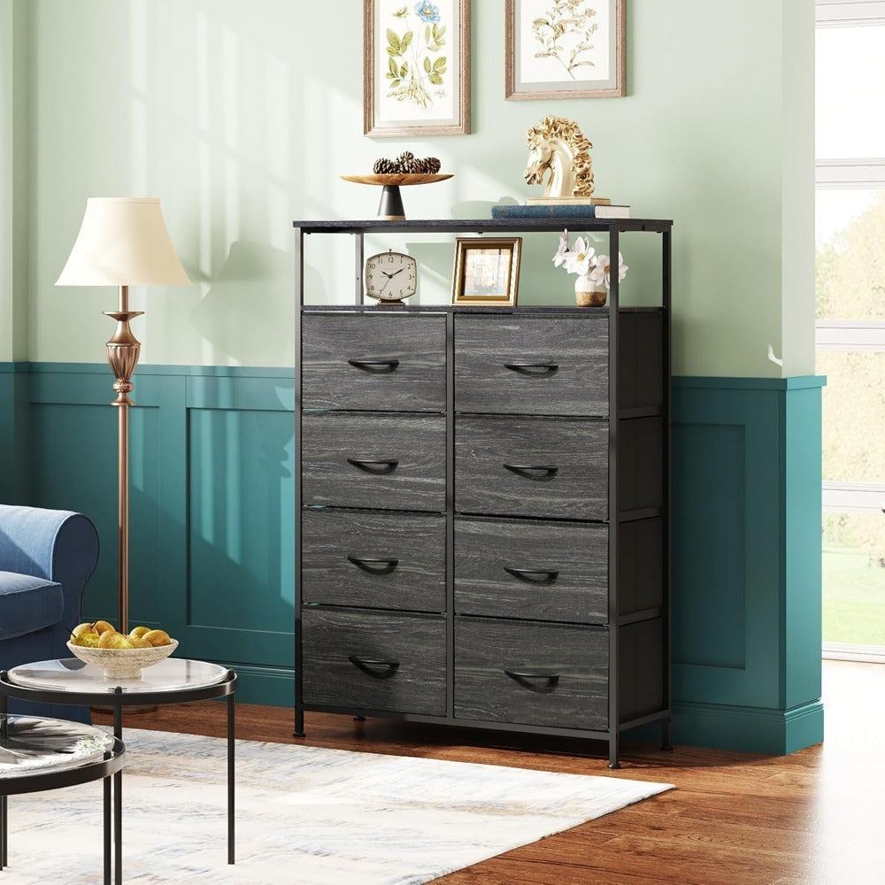 Fabric Dresser for Bedroom with Open Shelves, Tall Dresser with 8 Drawers, Storage Tower with Fabric Bins, Chest of Drawers for Closet, Hallway