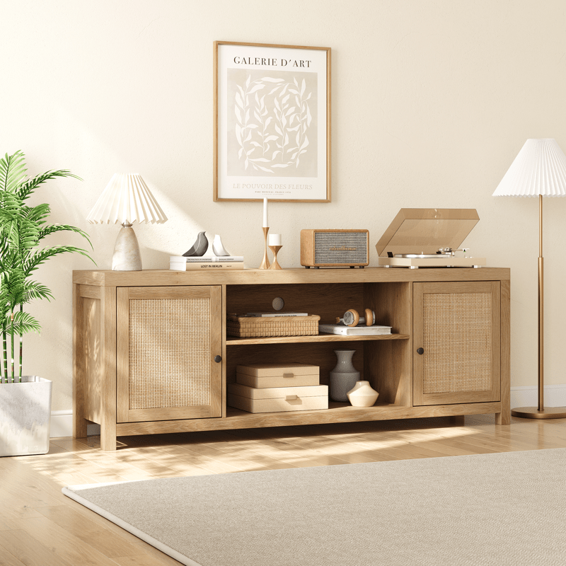 Rattan TV Stand for 65 Inch, Boho Entertainment Center with Storage and Doors, Wood TV & Media Console Under TV Cabinet Furniture for Living Room, Natural Wood