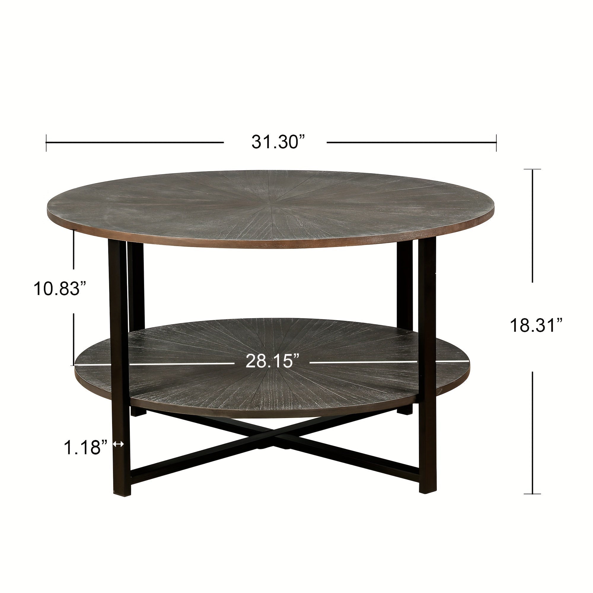 Round Coffee Table With 2-Tier Storage, Farmhouse Living Room Cocktail Table With Black Metal Leg