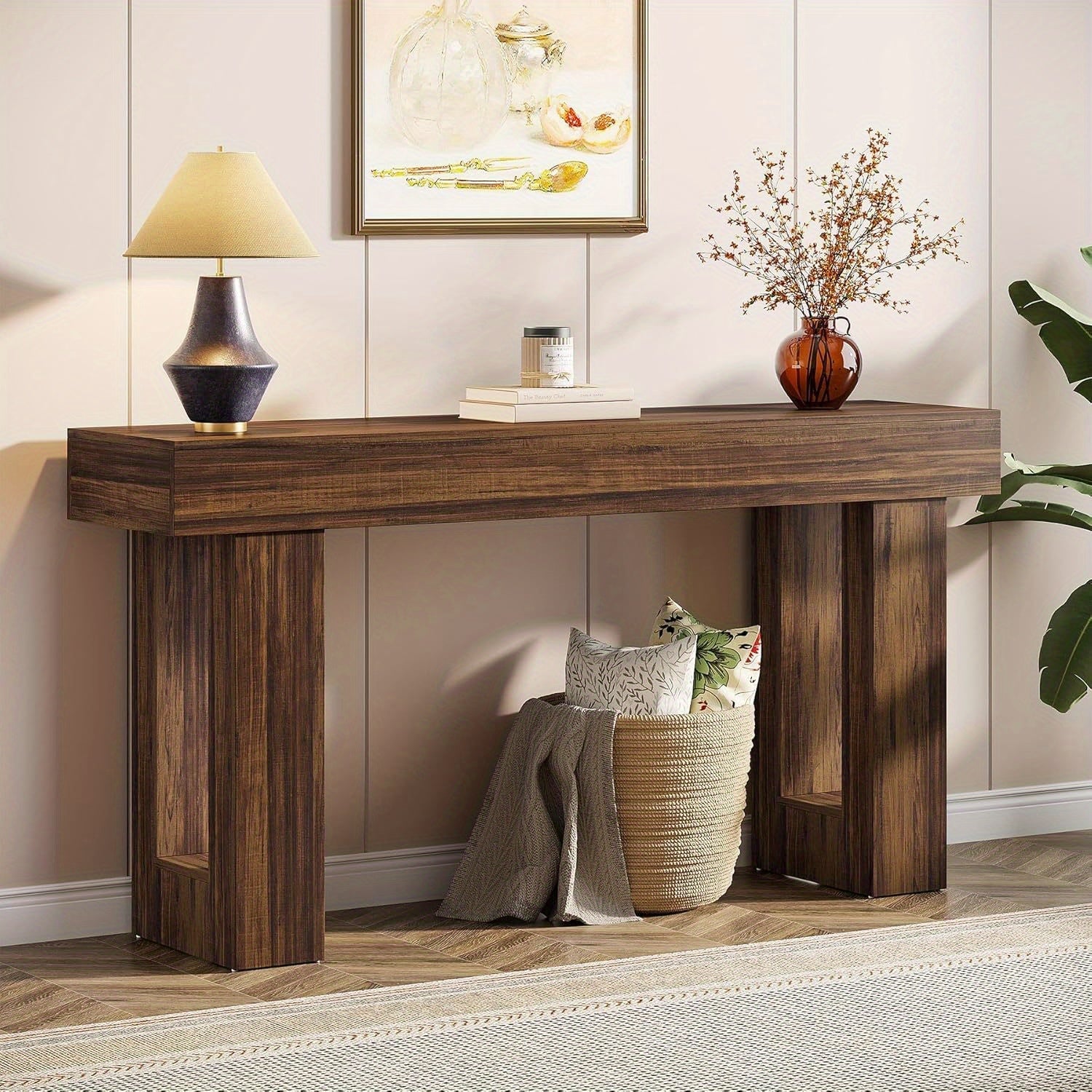 Chic 160 cm Long Wooden Console Table with Open Storage Space - Contemporary Farmhouse Style, Sturdy Hardwood Construction, Ideal for Entryway, Hallway, Living Room - Features Perfectly Aligned Top & Base Width