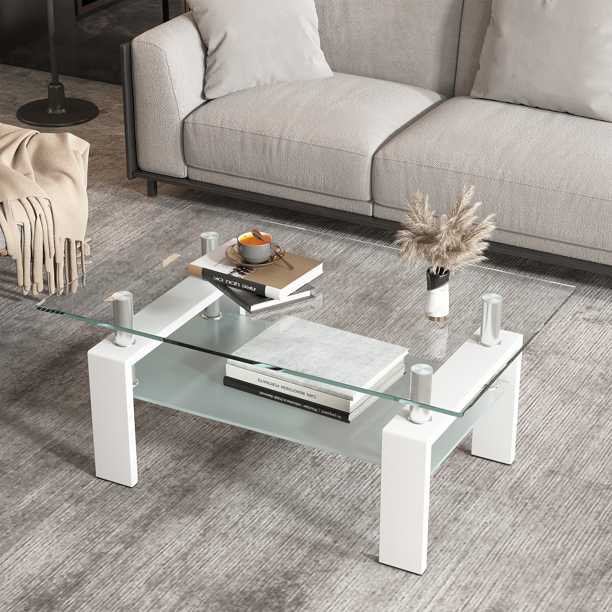 Glass Coffee Table For Living Room, Rectangle Center Table With Metal Legs, End Table For Home, Office