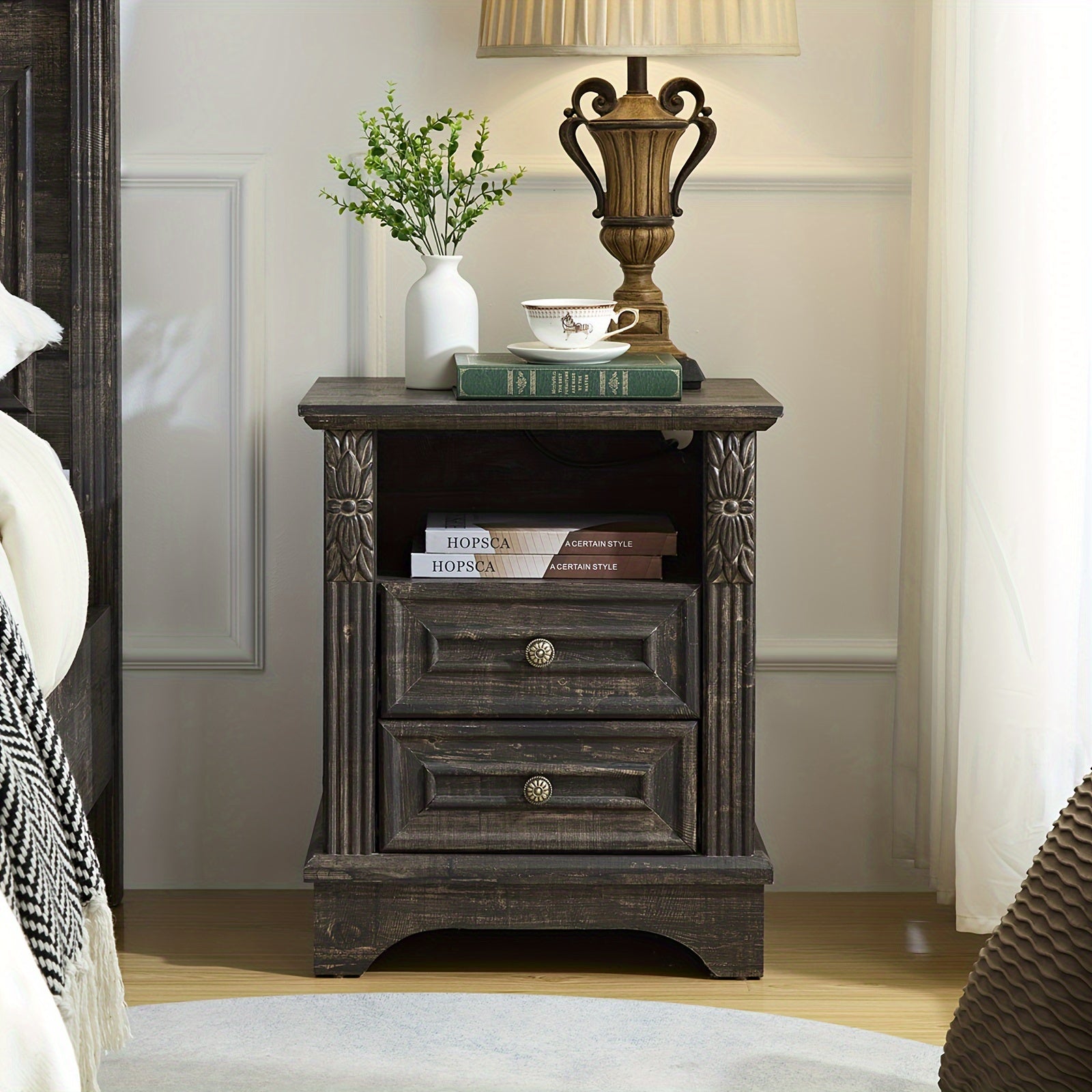 Charming Gray Vintage Farmhouse Nightstand - Multifunctional Bedside Table with Storage, Perfect for Bedroom & Living Room