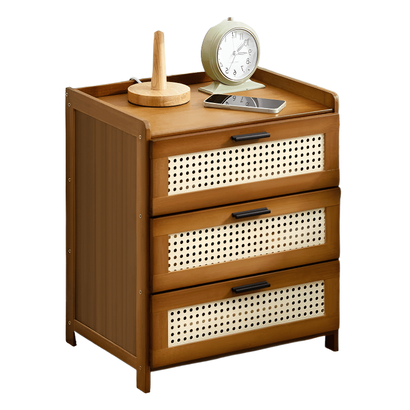 Rattan Bedside Table with 3 Wicker Drawers - Multifunctional Rectangular Bedside Table for Bedroom Storage, Waterproof Side Table for Small Spaces, Boxes, Cabinets, Shelves for Outdoor Storage