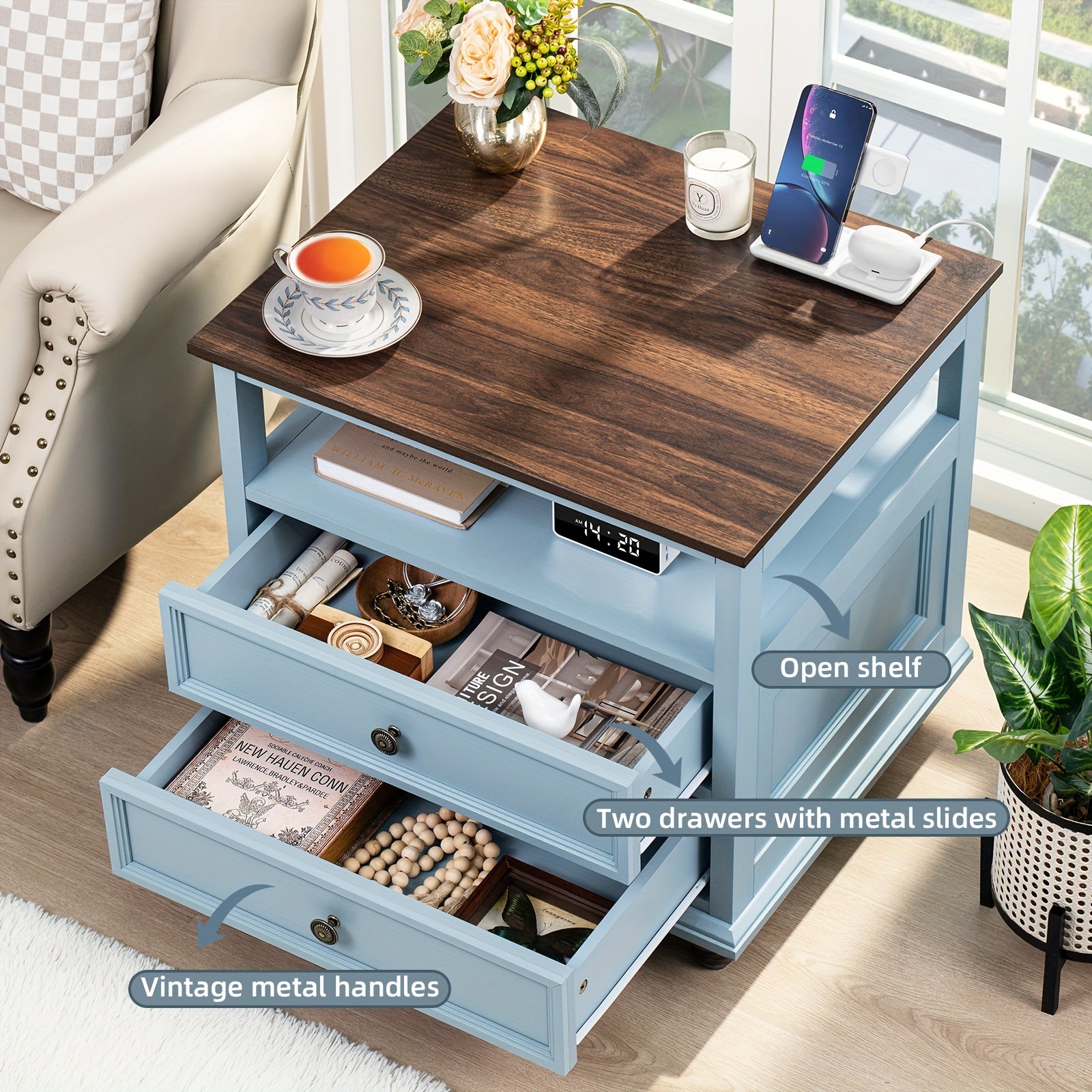 Farmhouse Nightstand With Charging Station, 23.6" Wide End Table With 2 Drawers, Blue Dresser For Bedroom, Bed Side Table Chest Of Drawers Cabinet, Wood Night Stand For Living Room, Closet