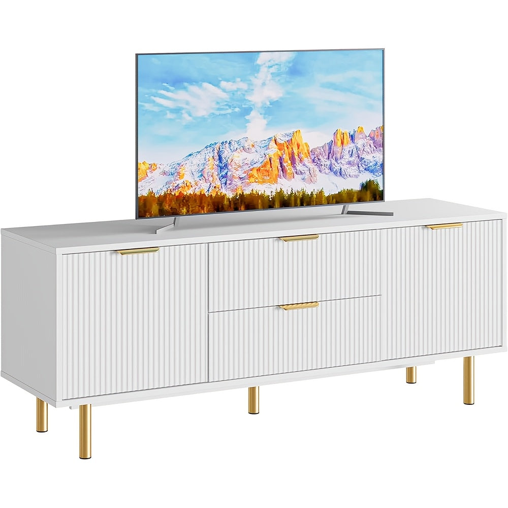 Modern White TV Stand for 165cm+ TVs - Sleek Entertainment Center with Storage Cabinets, Corrugated Panels, and 2 Drawers & Doors, EUKER