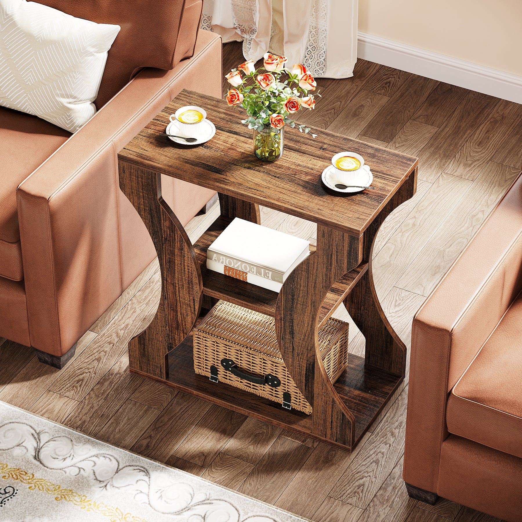 24" End Table, 3-Tier Farmhouse Side Table with Storage Shelves