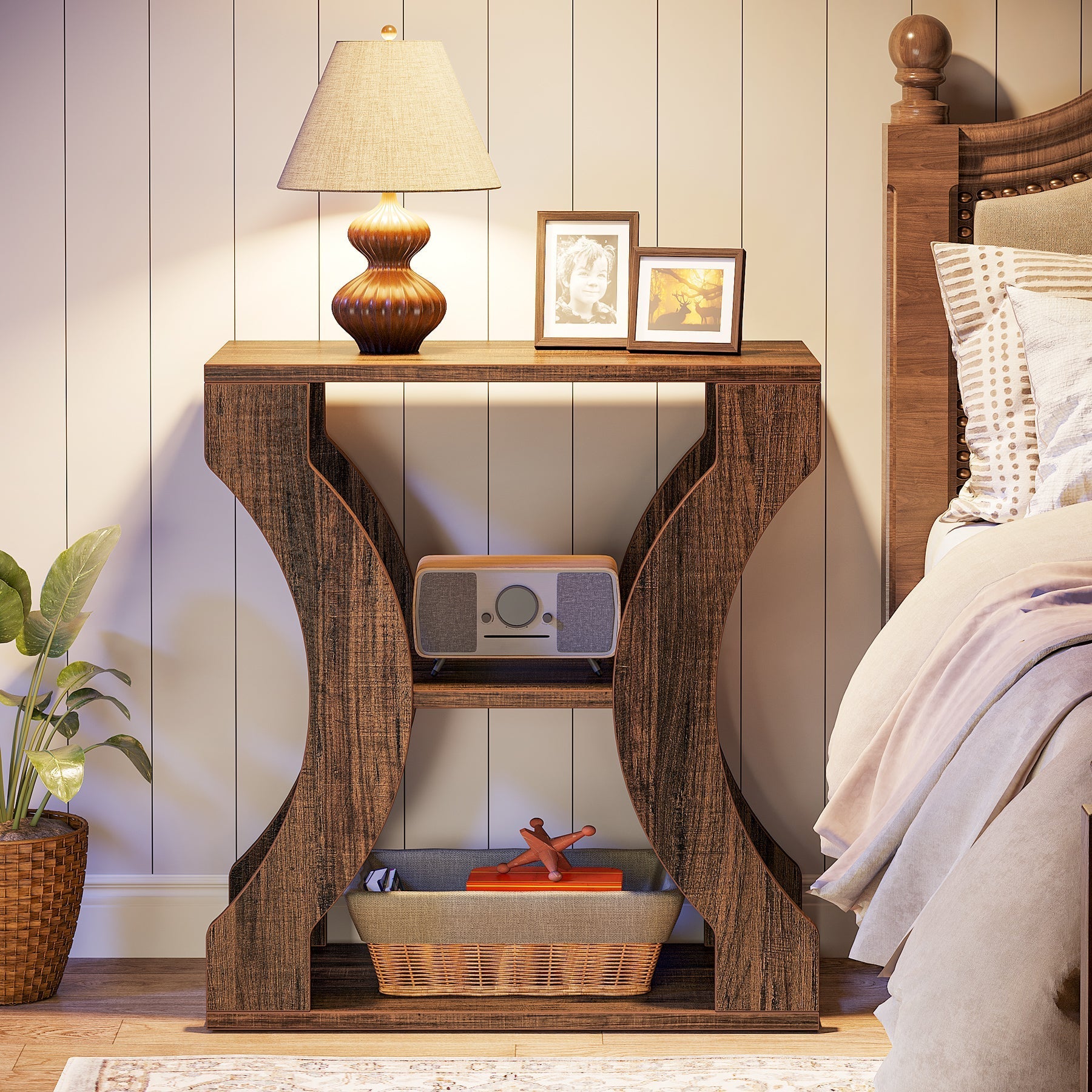 24" End Table, 3-Tier Farmhouse Side Table with Storage Shelves