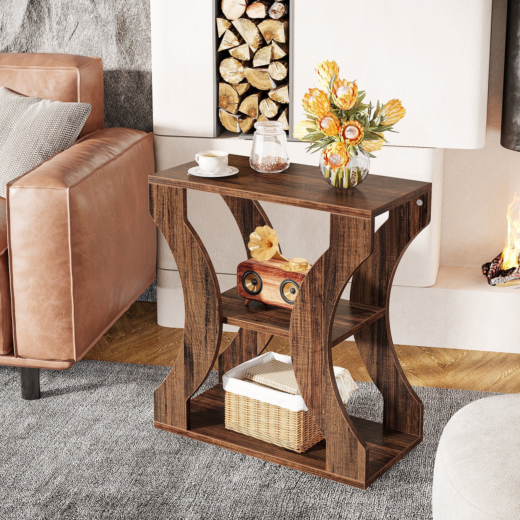 24" End Table, 3-Tier Farmhouse Side Table with Storage Shelves