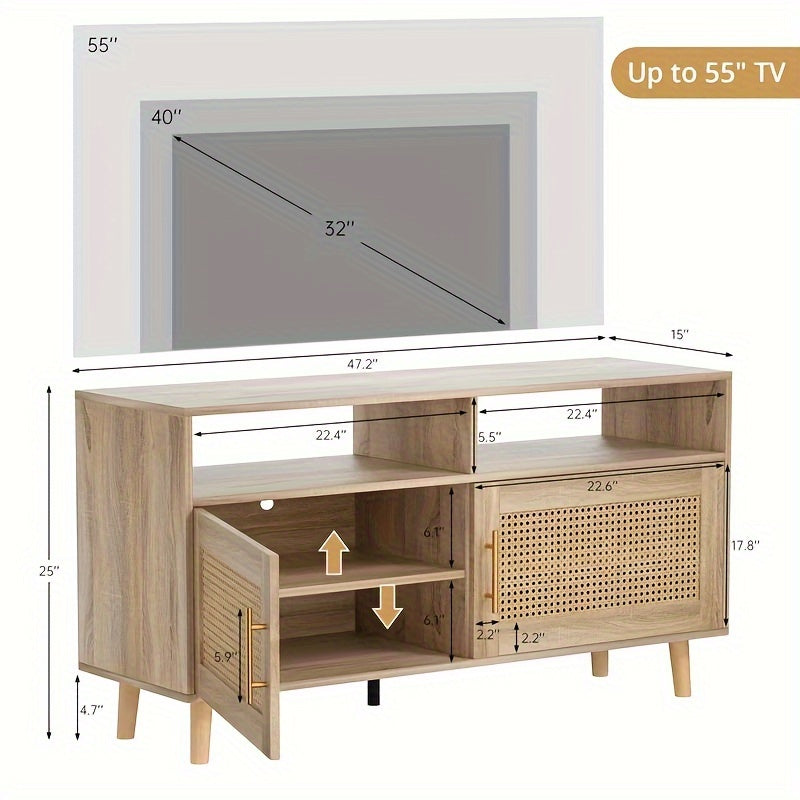 Rattan TV Stand for TVs up to 55", Entertainment Center with Adjustable Shelves, Rattan TV Console with 2 Cabinets, Media Console, for Living Room - Natural Oak