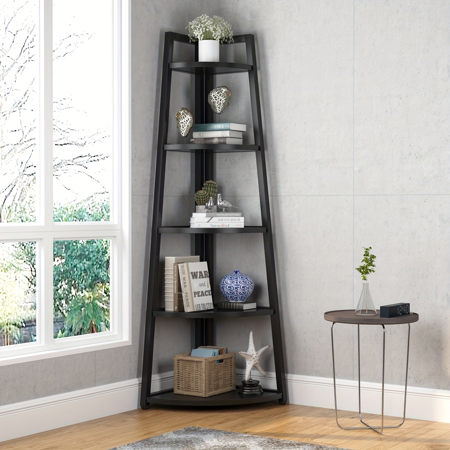 5-Tier Corner Bookshelf, 177cm Book Standing Shelving Unit, Indoor Plant Stand for Home Office, Black