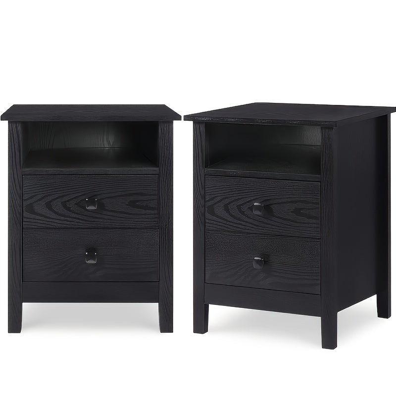 2-Drawer Nightstands, Set Of 2, Farmhouse Style Bedroom Furniture With Wooden Night Stand, Bedside Table, Drawers, Black Wood Grain