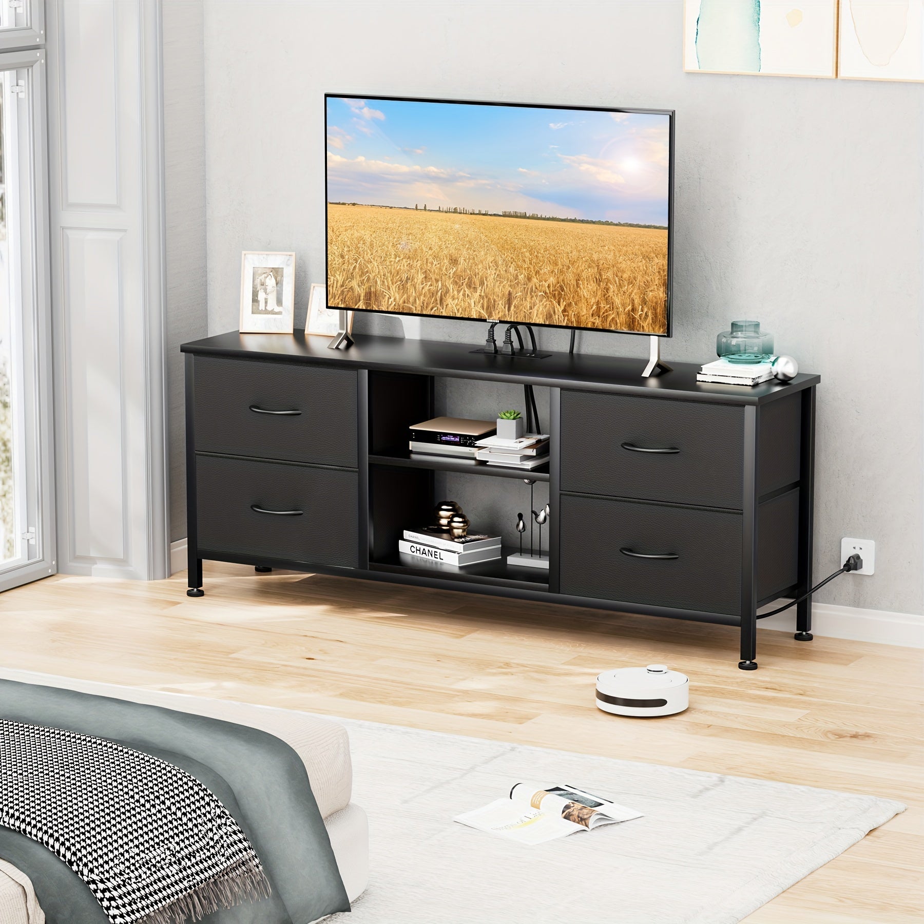 Dresser TV Stand With Power Outlet For 127cm TV, Long Dresser For Bedroom With 4 Fabric Drawers, Wide Console Table For Storage In Closet Living Room Entryway, Wood Top