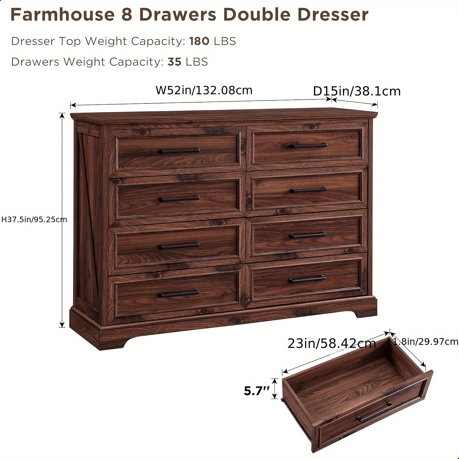 Farmhouse 8 Drawers Dresser Chests For Bedroom, 52" Wide Wood Rustic Chest Of Drawers With Metal Handle, Natural Texture, Drawer Organizer For Bedroom, Living Room, Hallway And Entryway