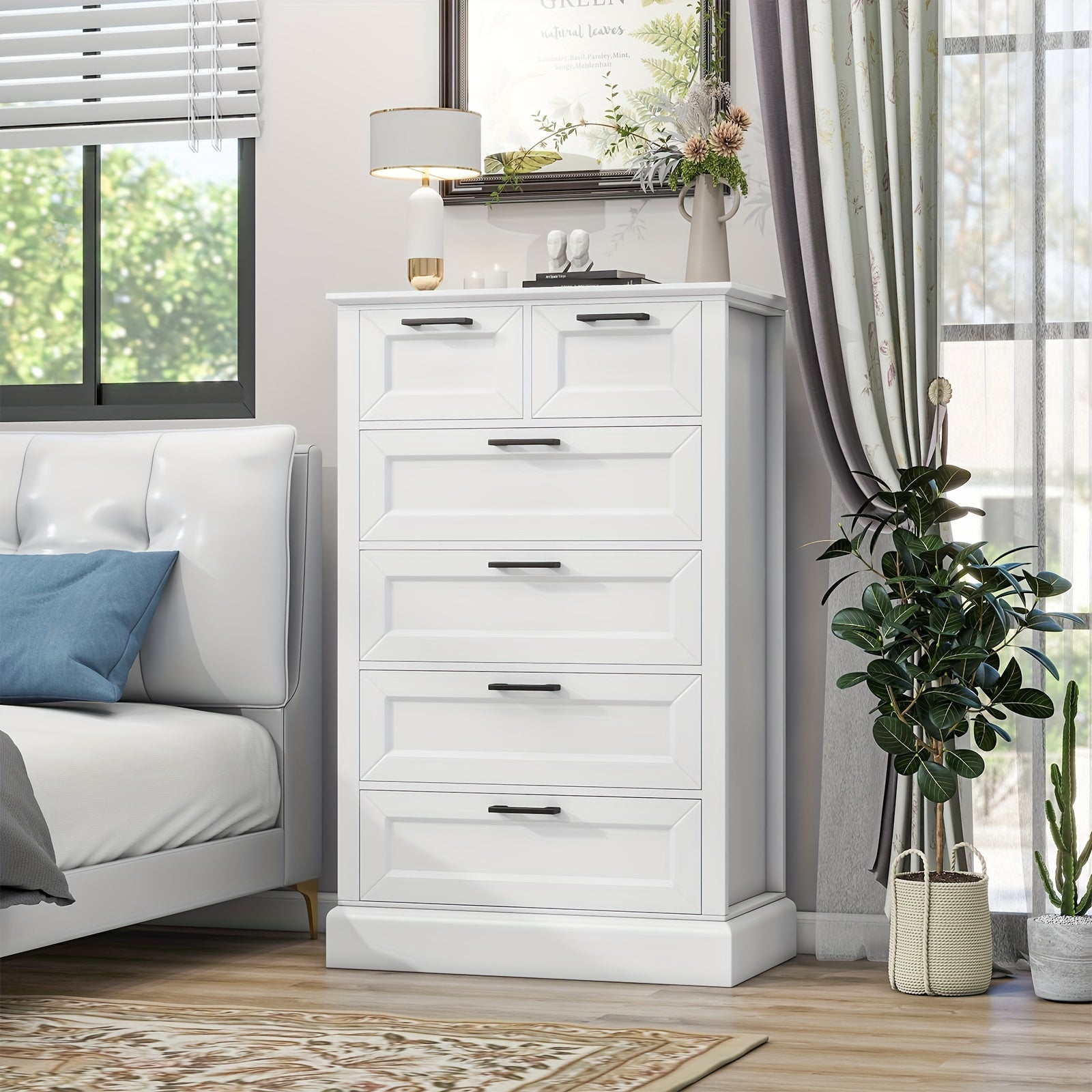 White 6 Drawer Dresser, 120cm Tall Modern Vertical Chest Of Drawers With Painted Wood, Storage Dressers For Bedroom, Living Room, Hallway, Entryway, White