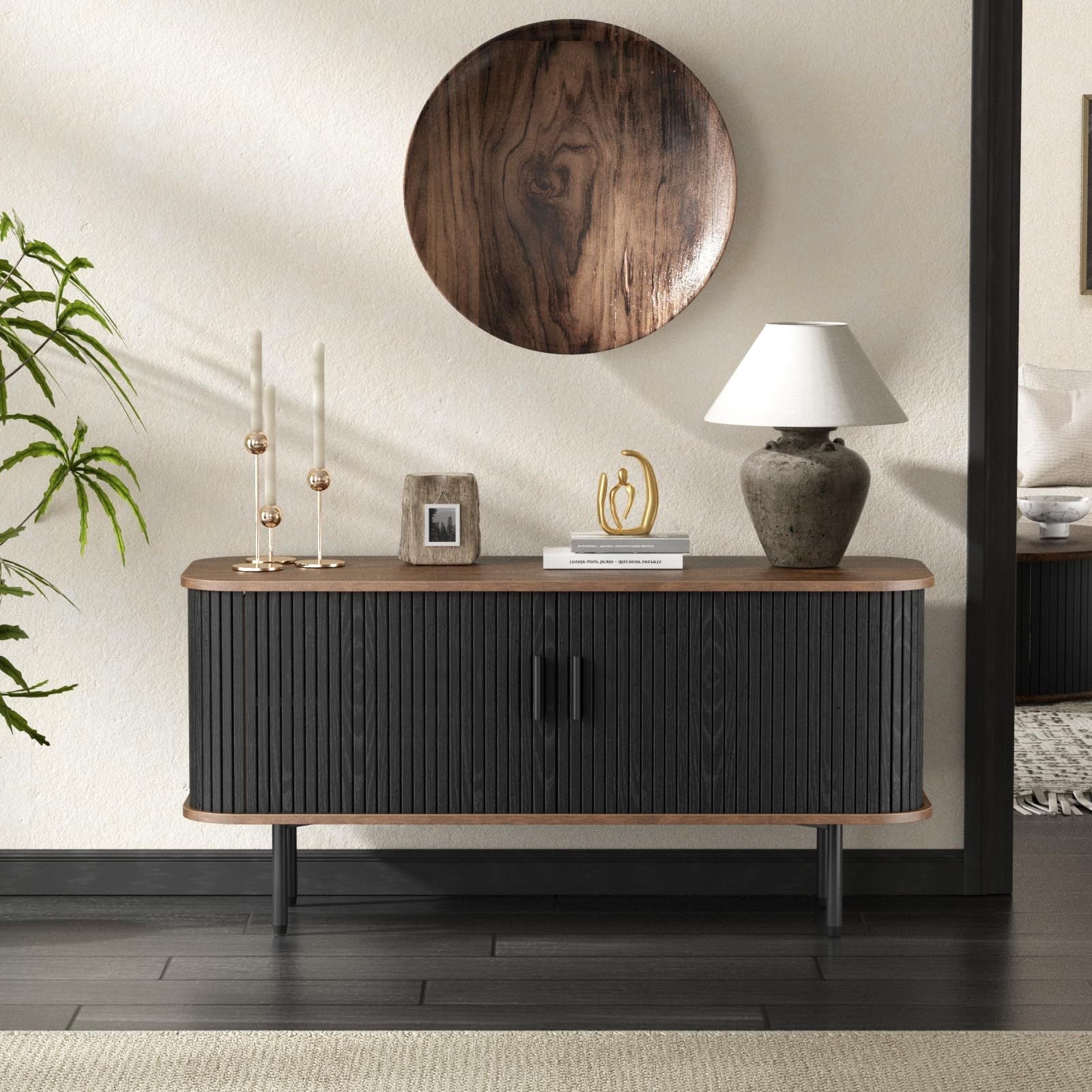 Natural Storage Cabinet, Media Console, Tambour TV Stand, Television Stands with Curvy Edge; Sliding Door, Fluted Cabinet, Buffet Sideboard, Credenza, Table Stand for Living Room, Kitchen