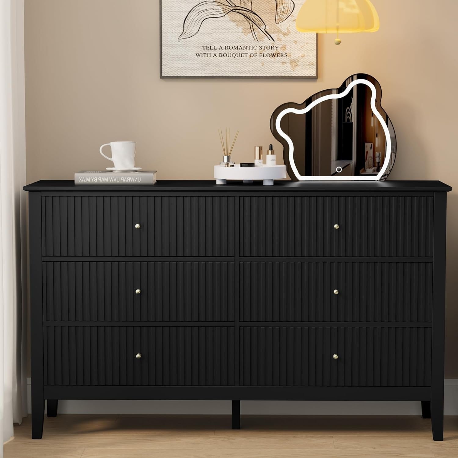 Sleek Black Fluted Dresser, Spacious 6 Drawer Chest, Modern Wood Storage for Bedroom, Living Room, Hallway, Stylish Organizer Cabinet