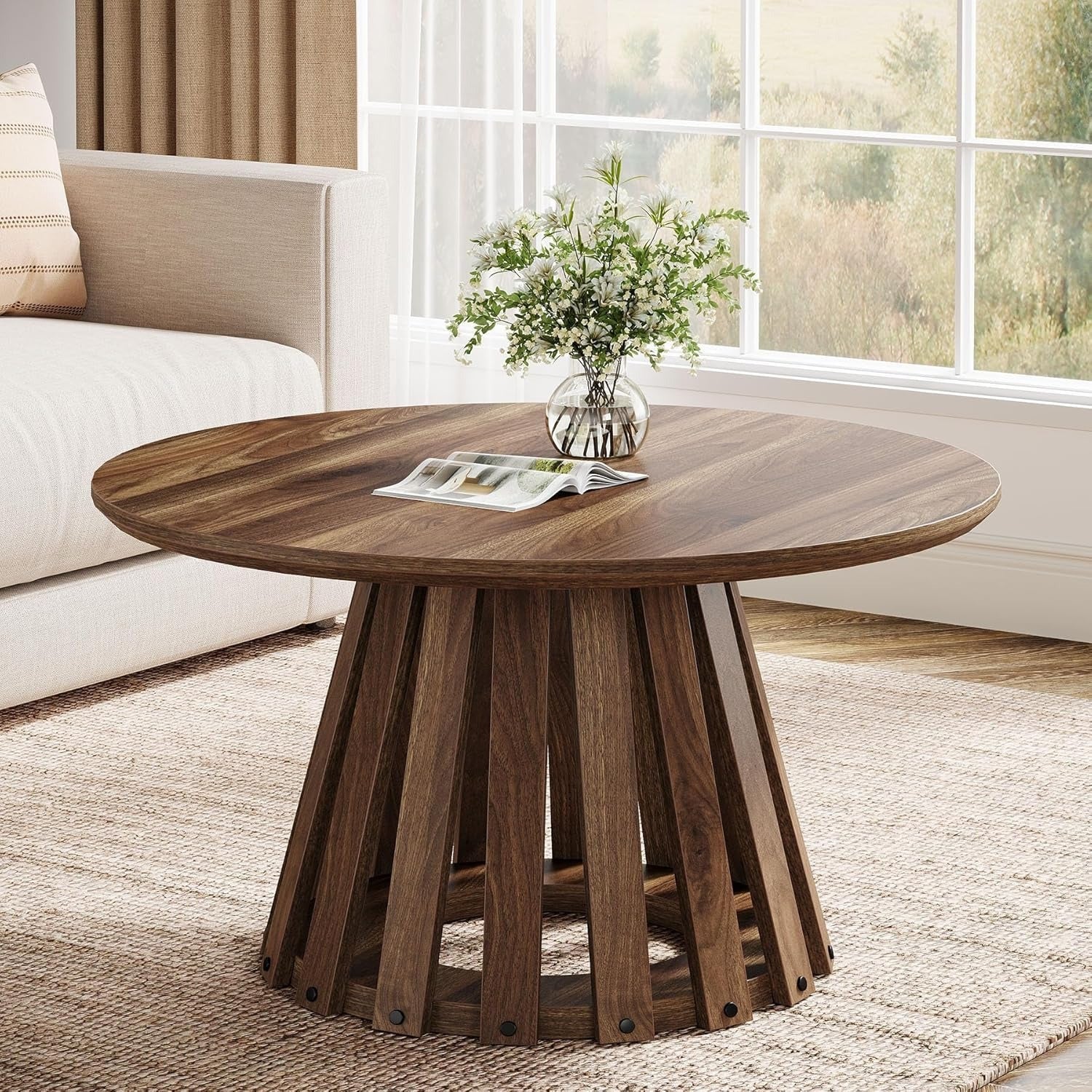 81cm Round Coffee Table, Farmhouse Circle Coffee Table with Slatted Base, Rustic Wood Accent Center Table for Living Room