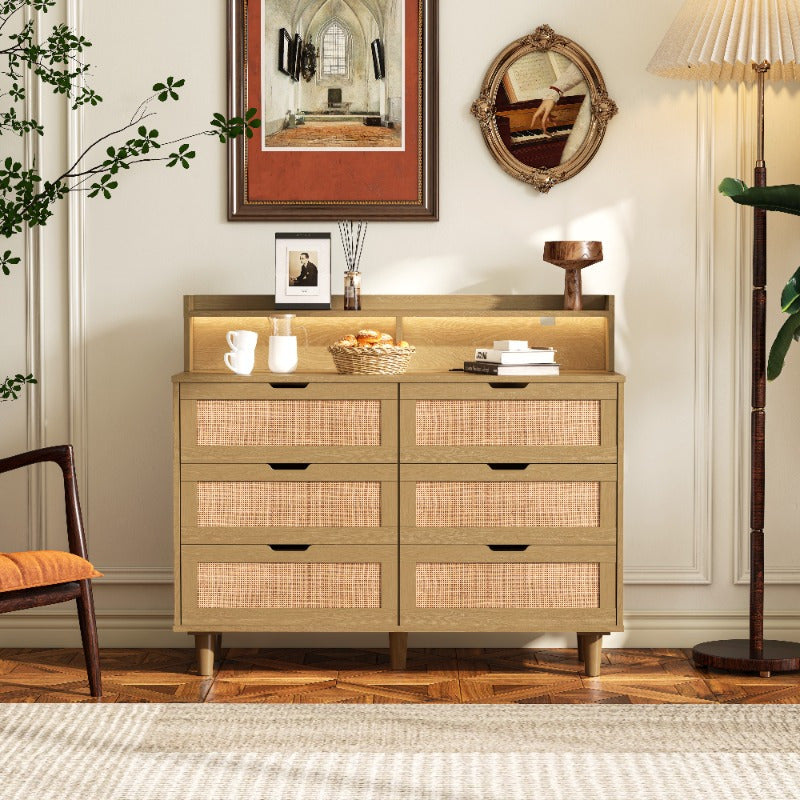 Chic Rattan Storage Cabinet with 6 Drawers - Metal Frame, Ideal for Bedroom & Living Room Organization