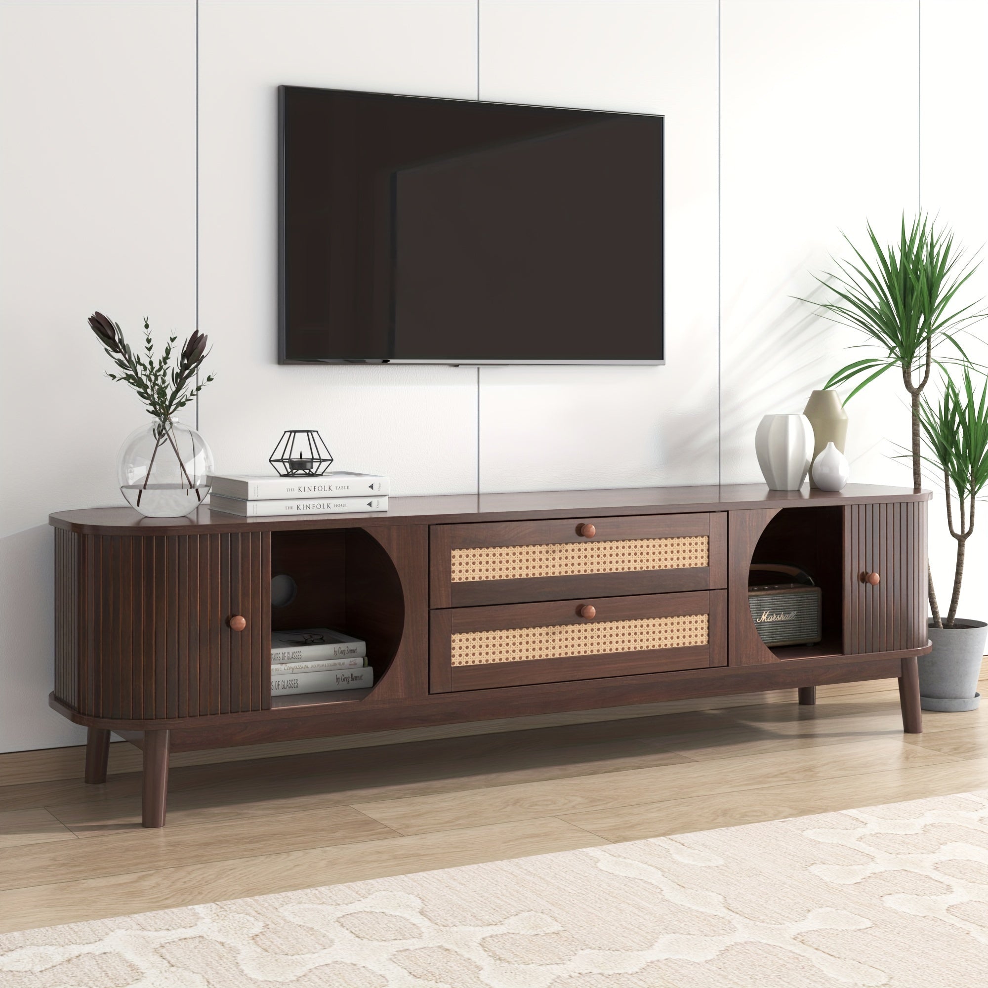 Rattan TV Stand For TVs Up To 75'', Modern Farmhouse Media Console, Entertainment Center With Solid Wood Legs, TV Cabinet For Living Room, Home Theatre