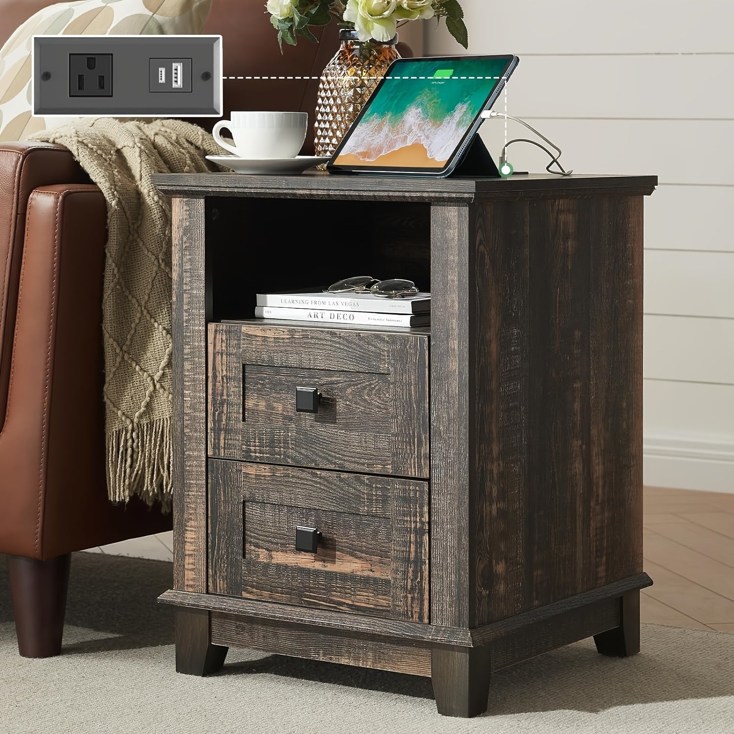 Black Farmhouse Nightstand with Charging Station: 2-Tier Storage Drawers and Open Wood Cubby for Bedroom, Living Room, or Office