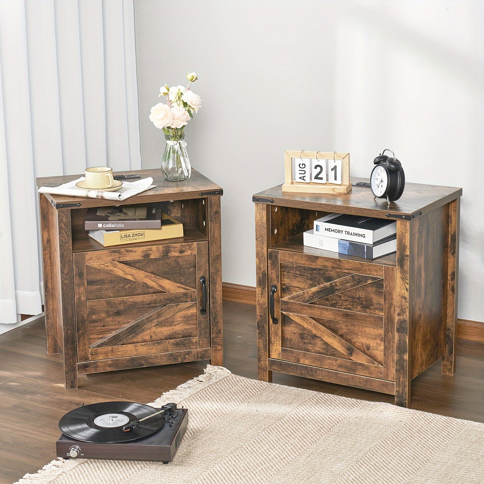 Farmhouse End Table With Charging Station, 21'' Rustic Nightstand With Barn Door, And Open/Closed Storage, Set Of 2 For Living Room Or Bedroom.