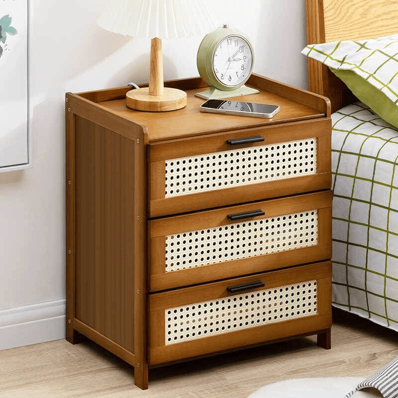 Rattan Bedside Table with 3 Wicker Drawers - Multifunctional Rectangular Bedside Table for Bedroom Storage, Waterproof Side Table for Small Spaces, Boxes, Cabinets, Shelves for Outdoor Storage