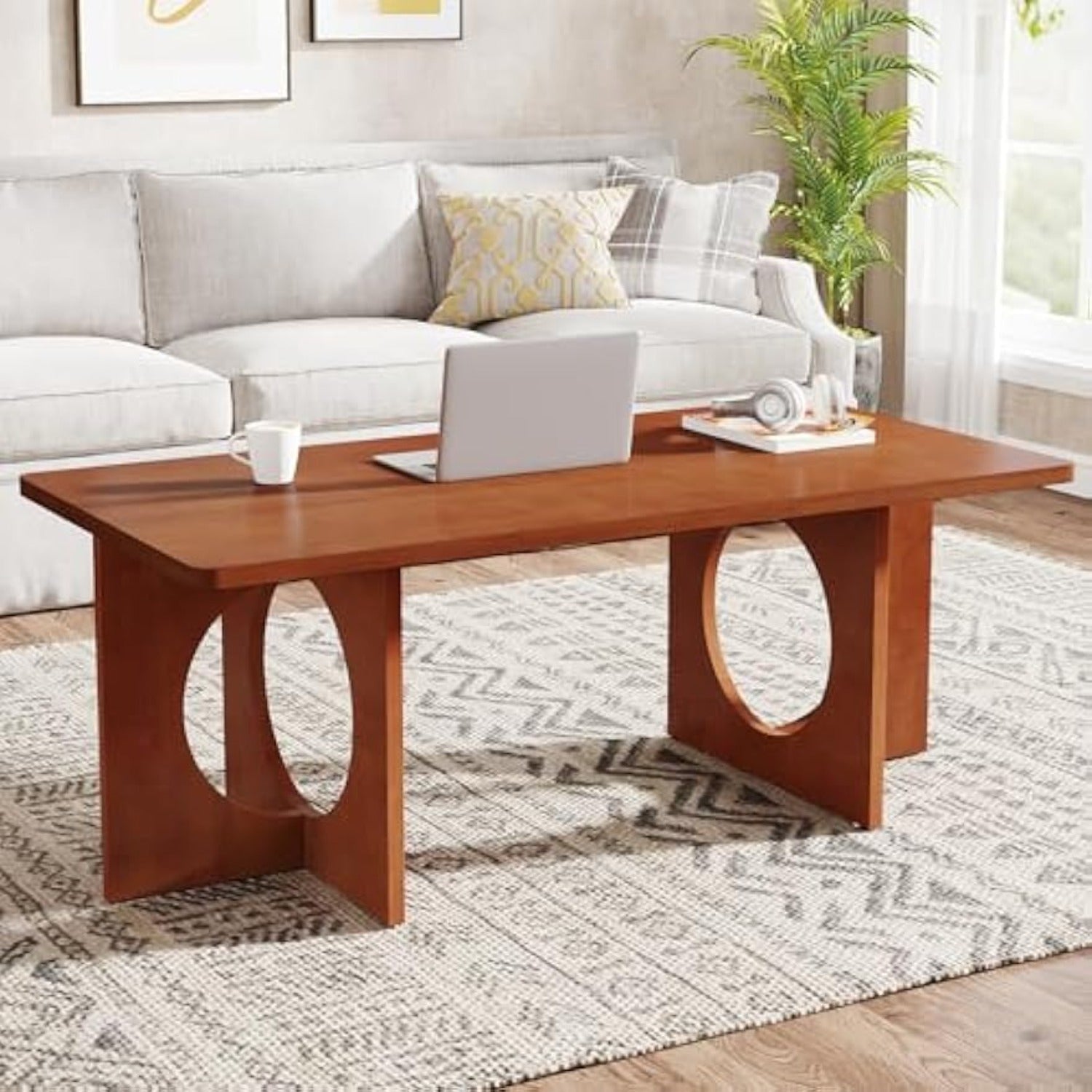 Chic 120cm Rectangle Coffee Table with Geometric Base - Heavy-Duty, & Scratch-Resistant Wooden Centerpiece for Living Room