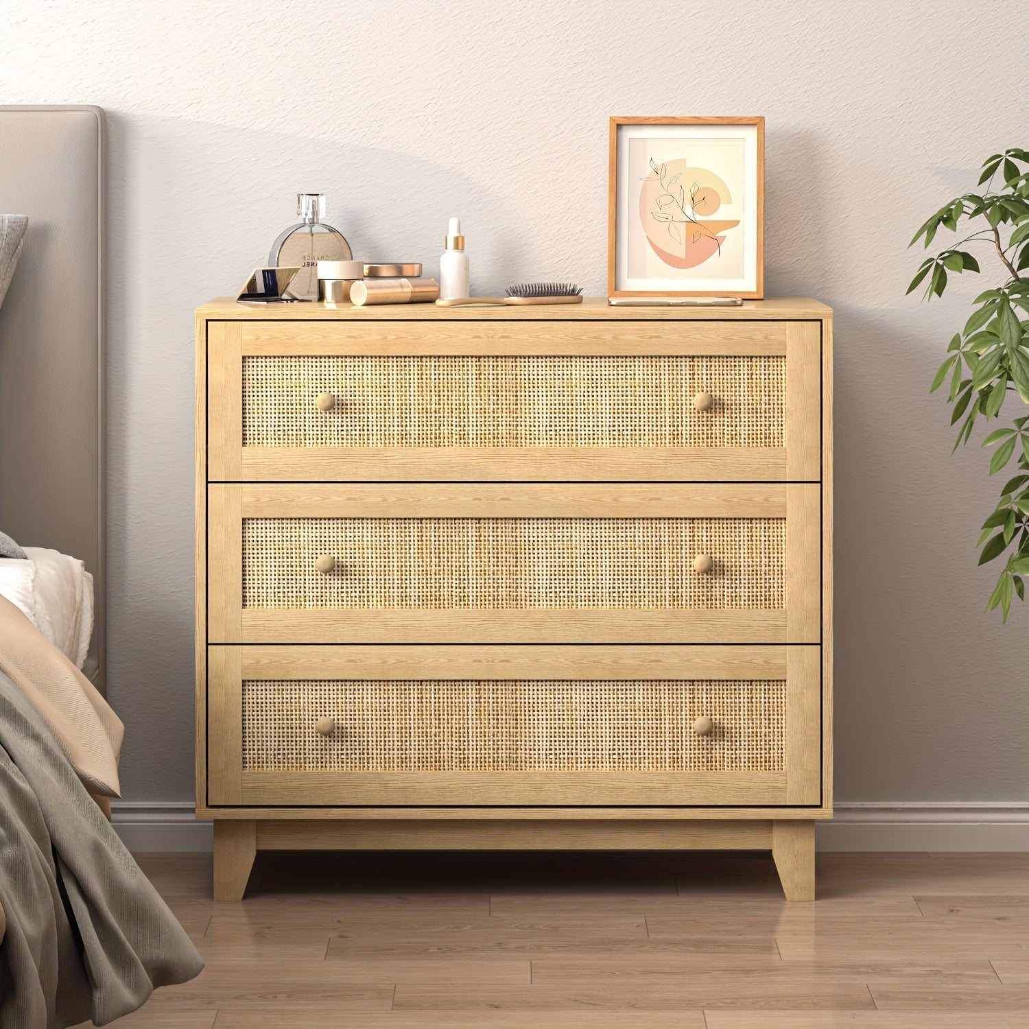 Rattan Drawer Dresser with 3 drawers, Boho Small Chest of Drawers- Large Storage and Sturdy Contruction, Natural Rattan Dresser for Bedroom, Living Room, Hallway