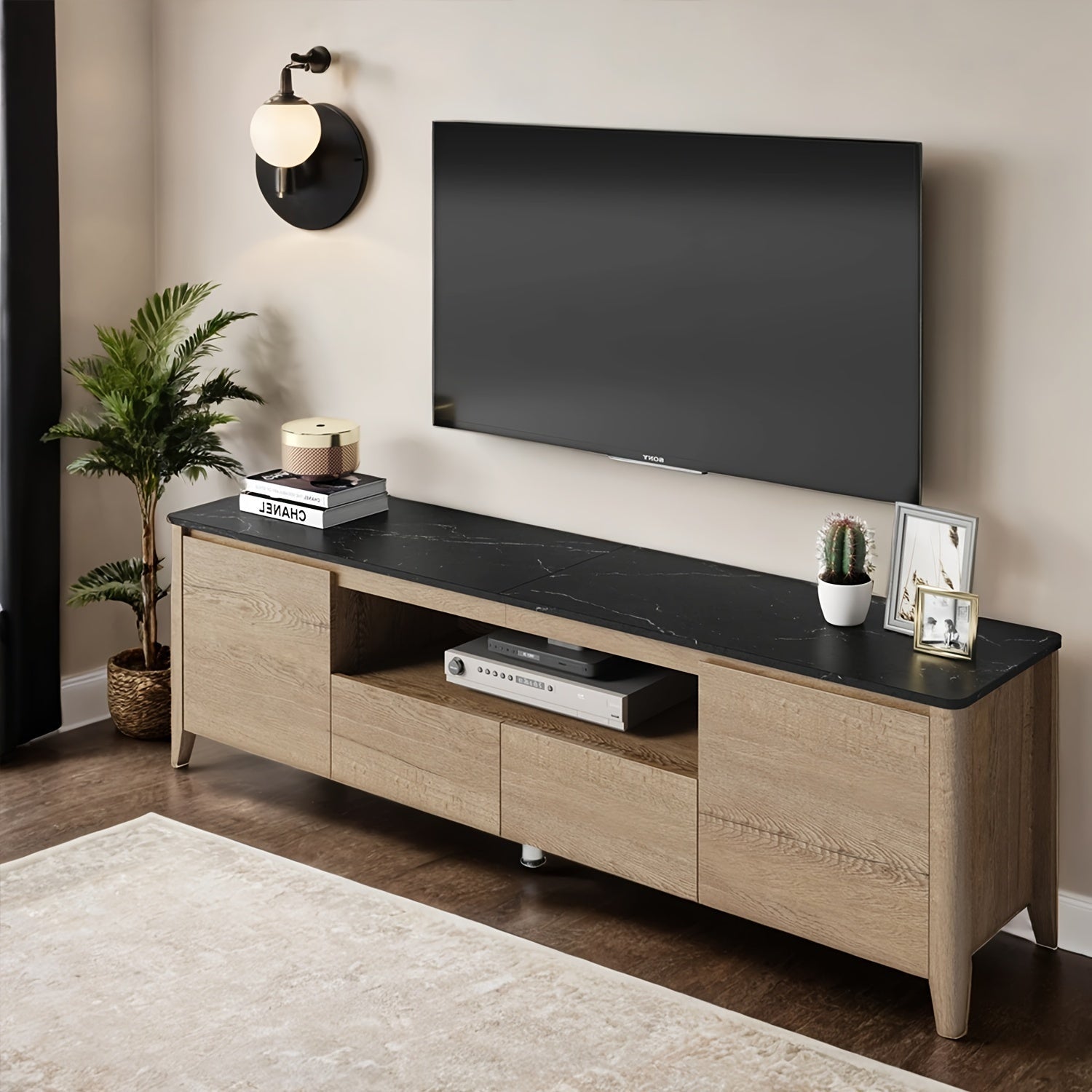 Modern Mid-Century TV Stand with Marble Top - 70x15x20" Wooden Entertainment Center with 2 Drawers & Cabinets for Living Room, Office, Bedroom - Sturdy, Spacious & Stylish Media Console Furniture