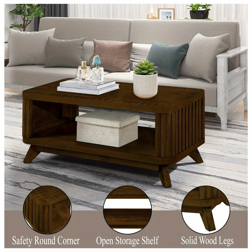 Rectangular Wood Coffee Table for Living Room, 41.5-Inch Coffee Table with Solid Wood Legs, Wood Center Table Tea Table with Open Storage Shelf. Easy Assembly, Walnut