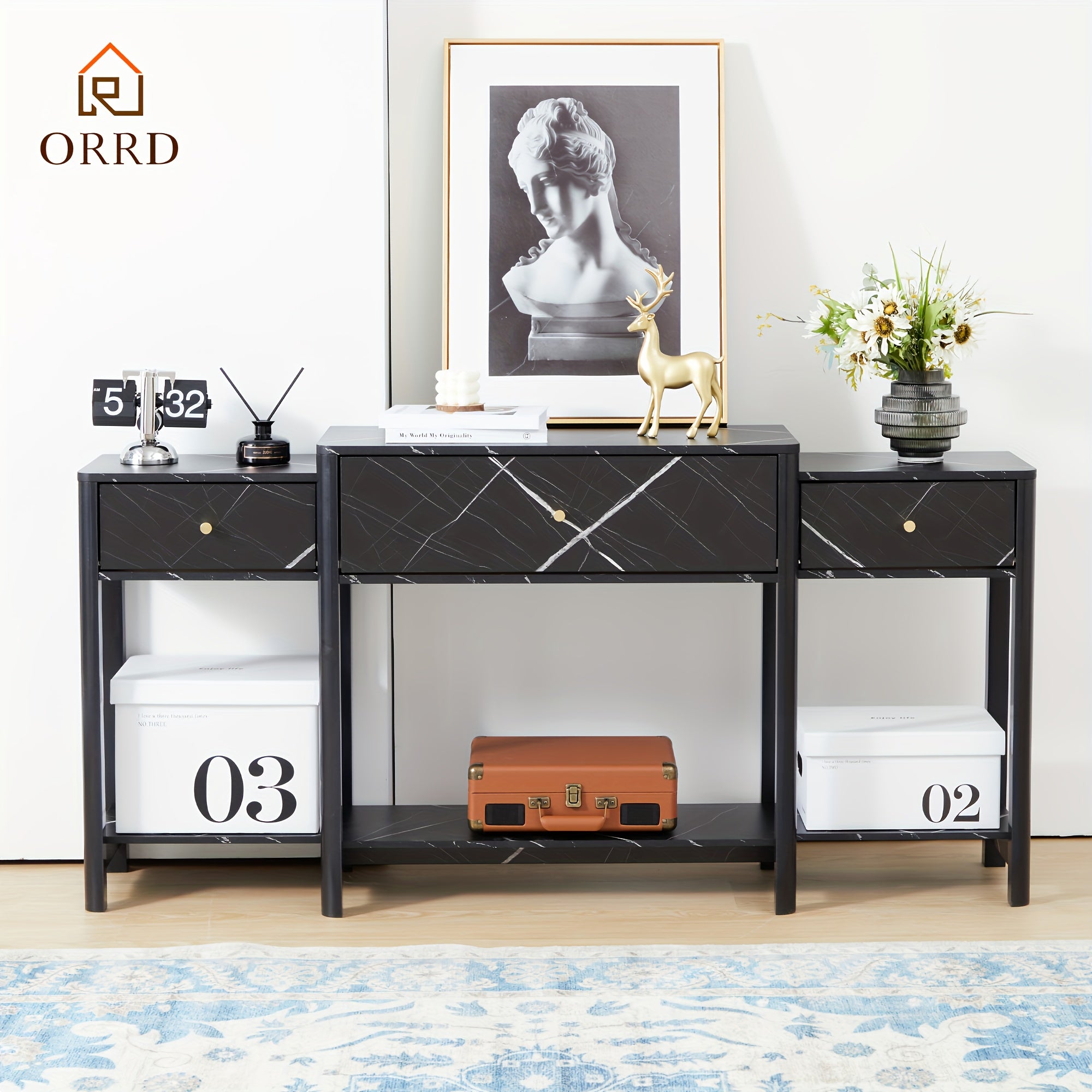 160 cm Console Table with Drawer, Narrow Sofa Tables with Open Storage Shelves, Long Behind Couch Table Hallway Foyer Table for Living Room, Entryway, Easy-to-assemble