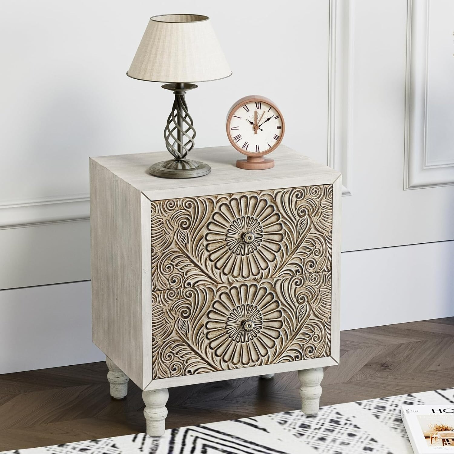 Boho Chic Vintage Nightstand Set with Carved Floral Design - Waterproof, Handcrafted Wooden End Tables for Bedroom & Living Room, Box, Cabinet, Rack for Outdoor Storage