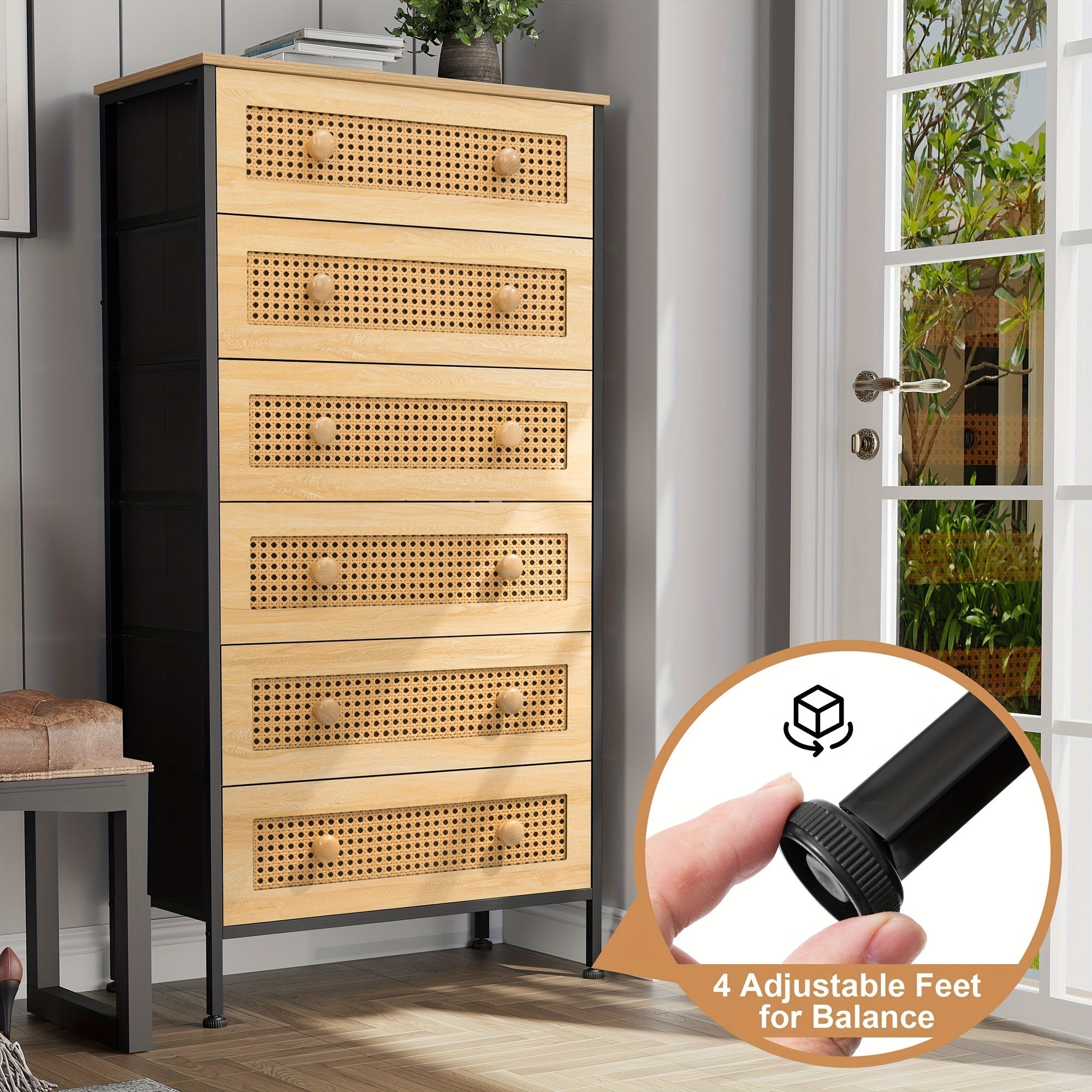 Rattan Dresser Storage Tower - Sturdy Steel Frame, Wood Top, Easy Pull Fabric Bins, Wood Handles - Organizer Unit For Bedroom, Hallway, Entryway, Closets - 6 Drawers (Natural)