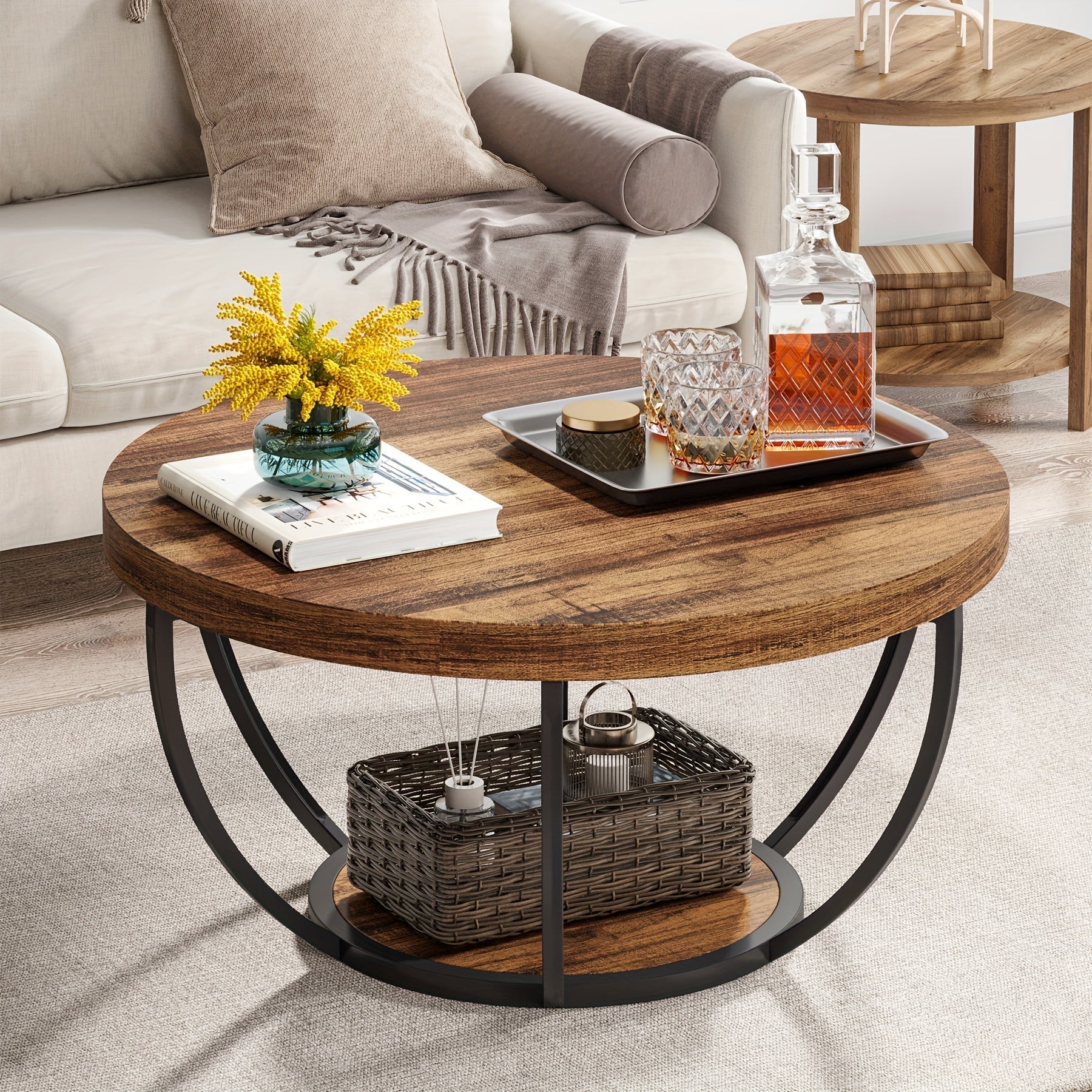 81cm Round Coffee Table, 2-Tier Circle Faux Marble Coffee Tables, Metal Legs Accent Center Table With Open Storage, Modern Design Home Furniture For Living Room