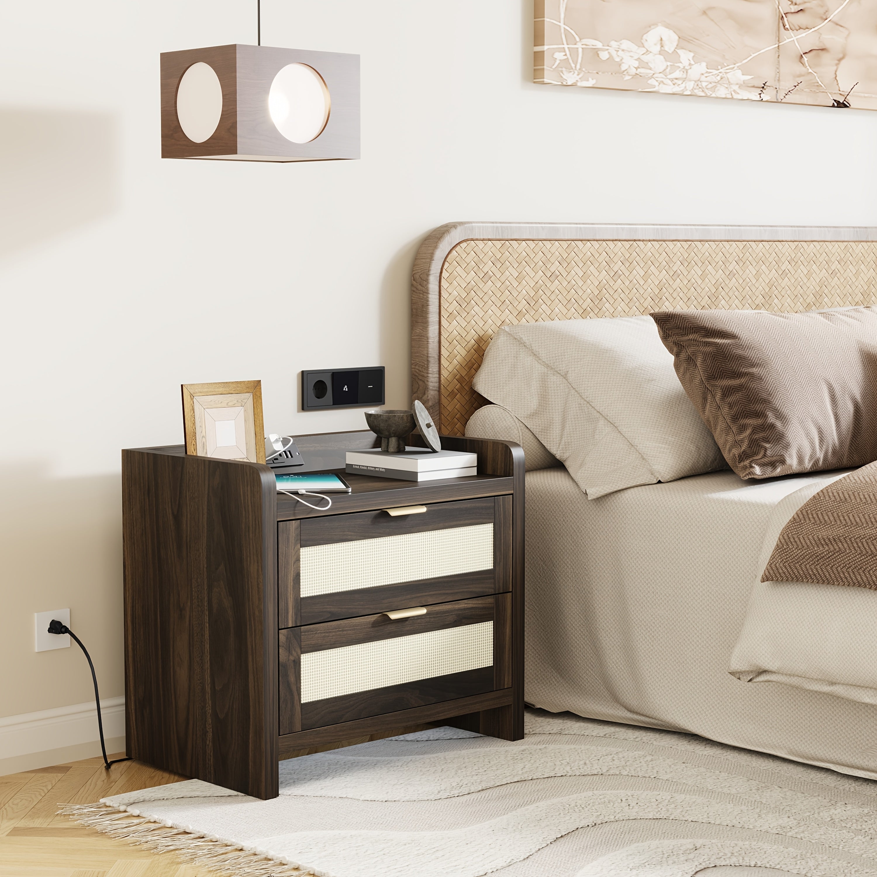 2pcs Set Rattan Mid-Century Modern Nightstands with Storage - Chic Accent Bedside Tables with Drawers, Perfect for Small Spaces in Bedroom & Living Room, Bedroom Decor, Bedside Cabinet, Small Edge Table