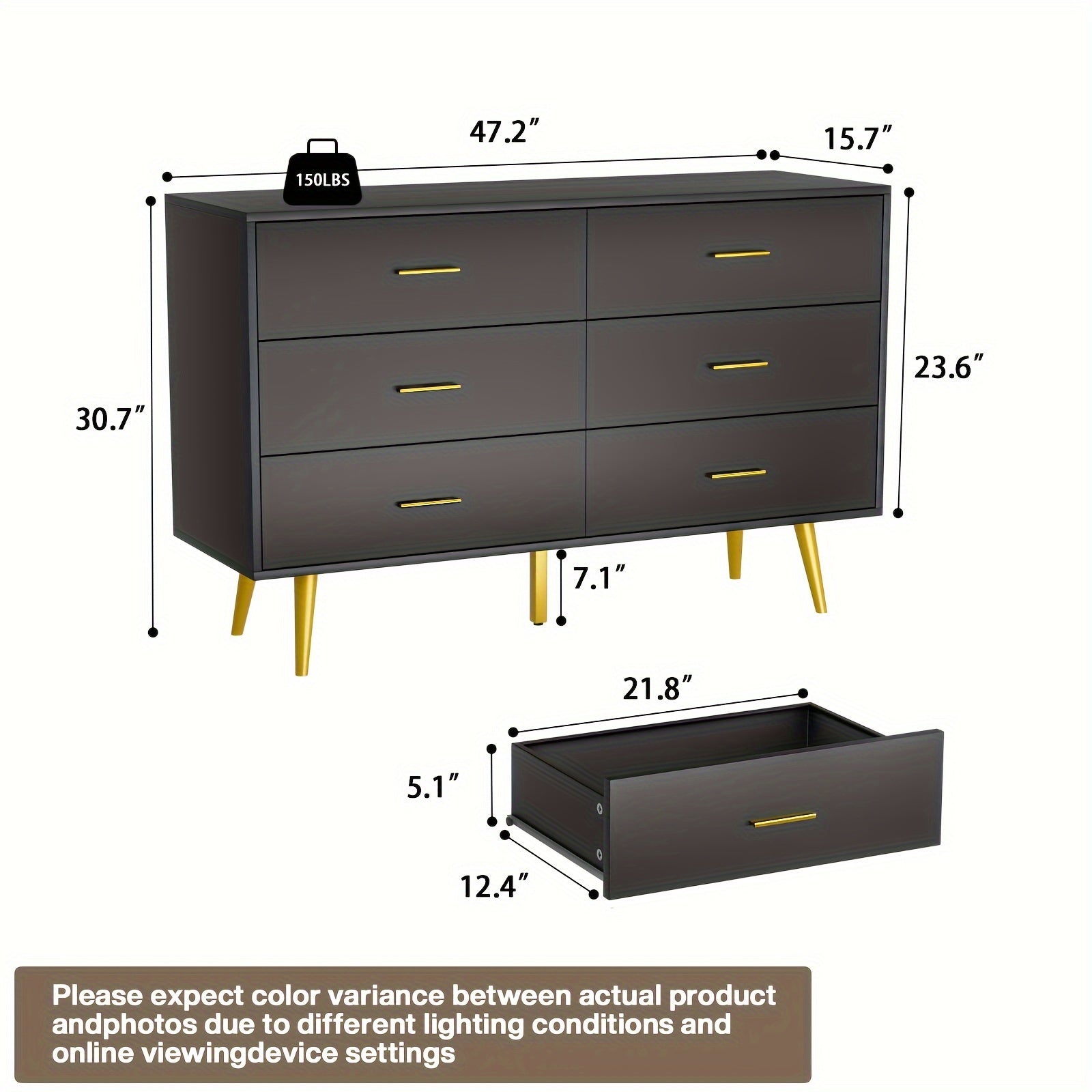 6-Drawer Dresser, Modern Wooden Chest with Wide Drawers, Golden Metal Handles, Ample Storage, ≥3.2 Cubic Feet Capacity, ≥27" Height, with No Electricity Required, for Bedroom, Hallway, Entryway, Storage Drawer U