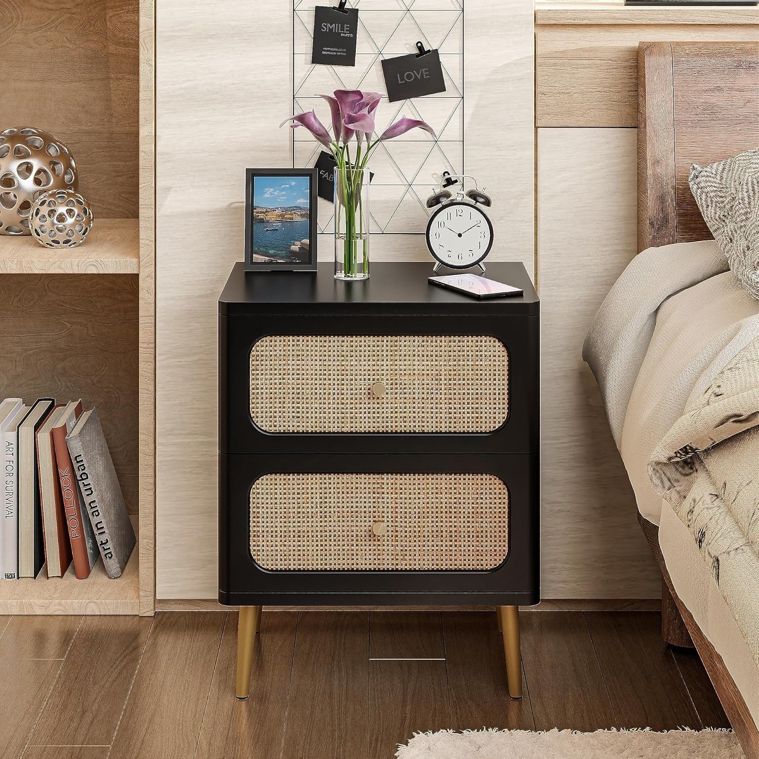 Chic Black 2-Drawer Bedside Table with Wicker Rattan Detailing - Space-Saving, Mid-Century Modern Design with Boho Charm, Smooth Glide Metal Legs & Brass Knobs for Nightstand, End Table in Small Spaces